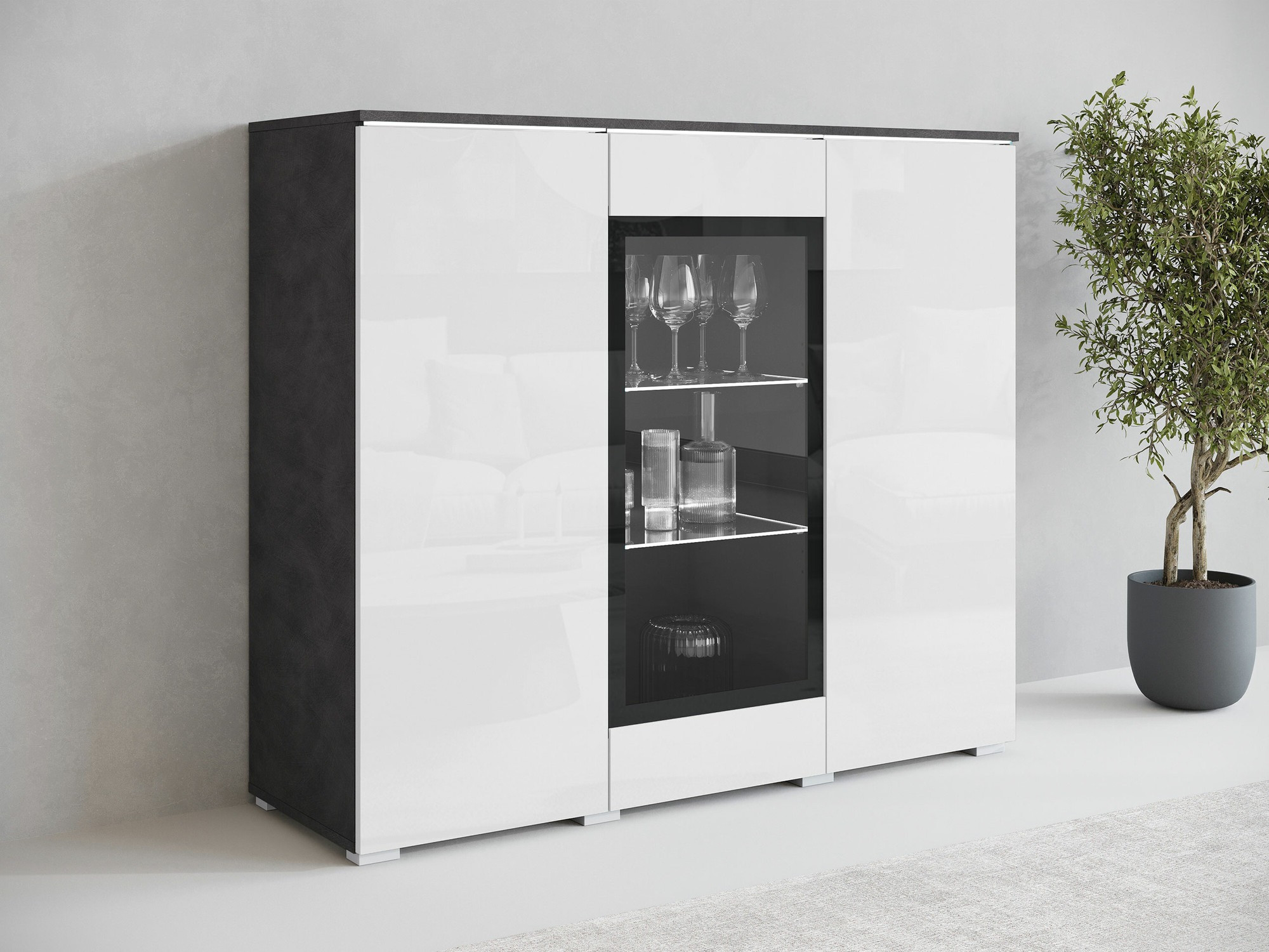 Dressoir Sarasota 186 (Matera grijs + Glanzend wit)