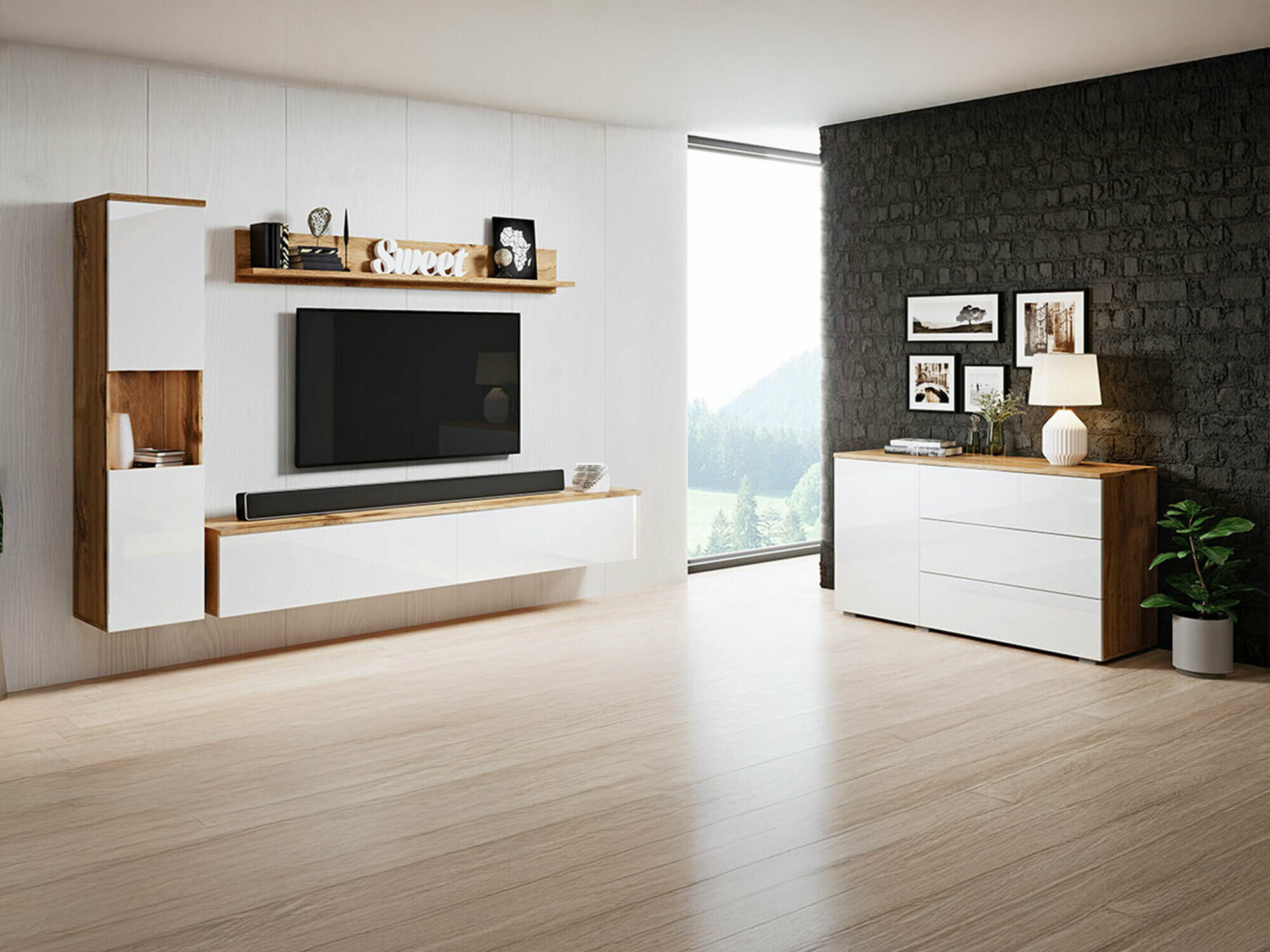 Woonkamerset Sarasota 132 (Wotan eik + Glanzend wit)