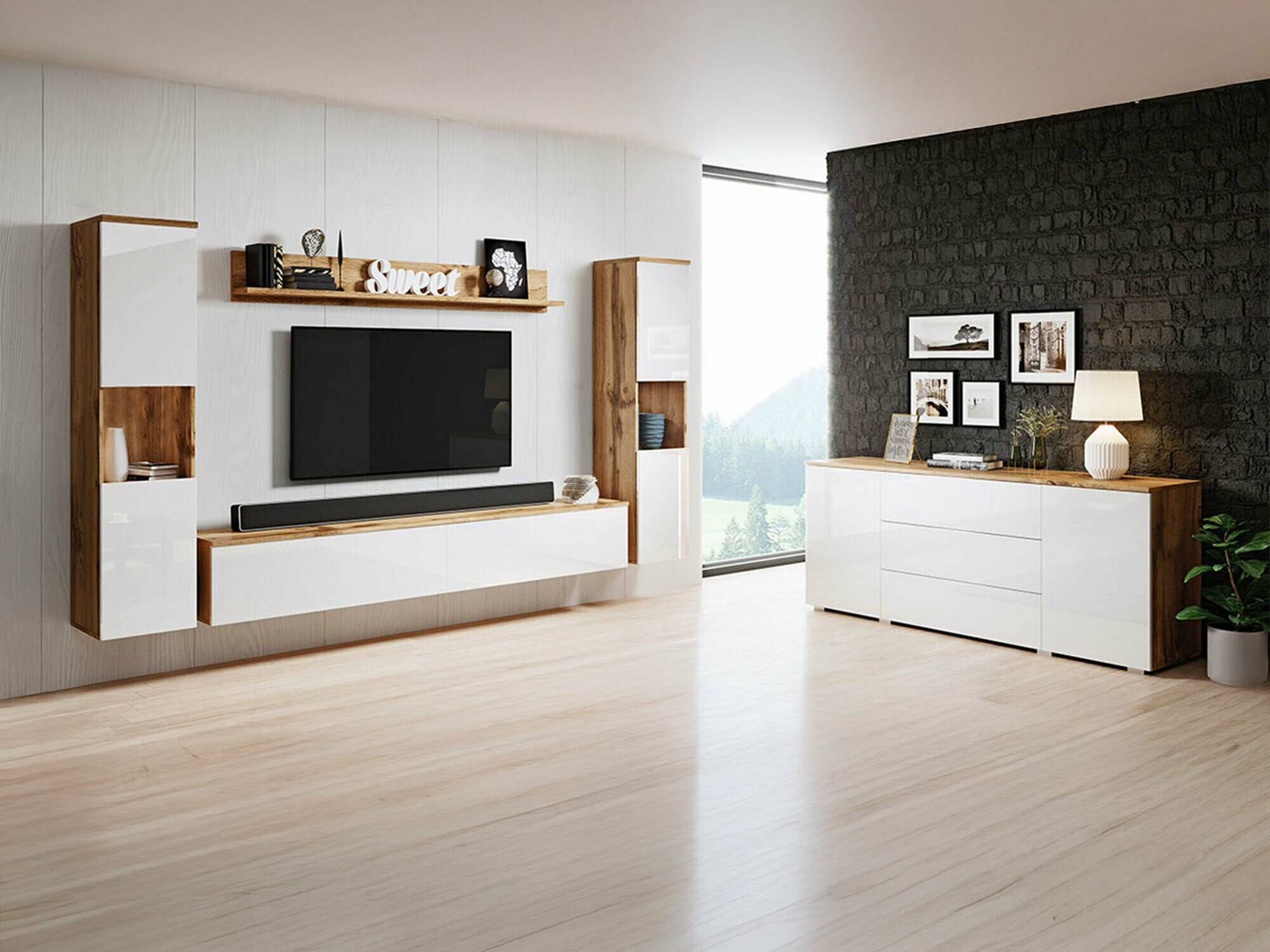 Woonkamerset Sarasota 133 (Wotan eik + Glanzend wit)