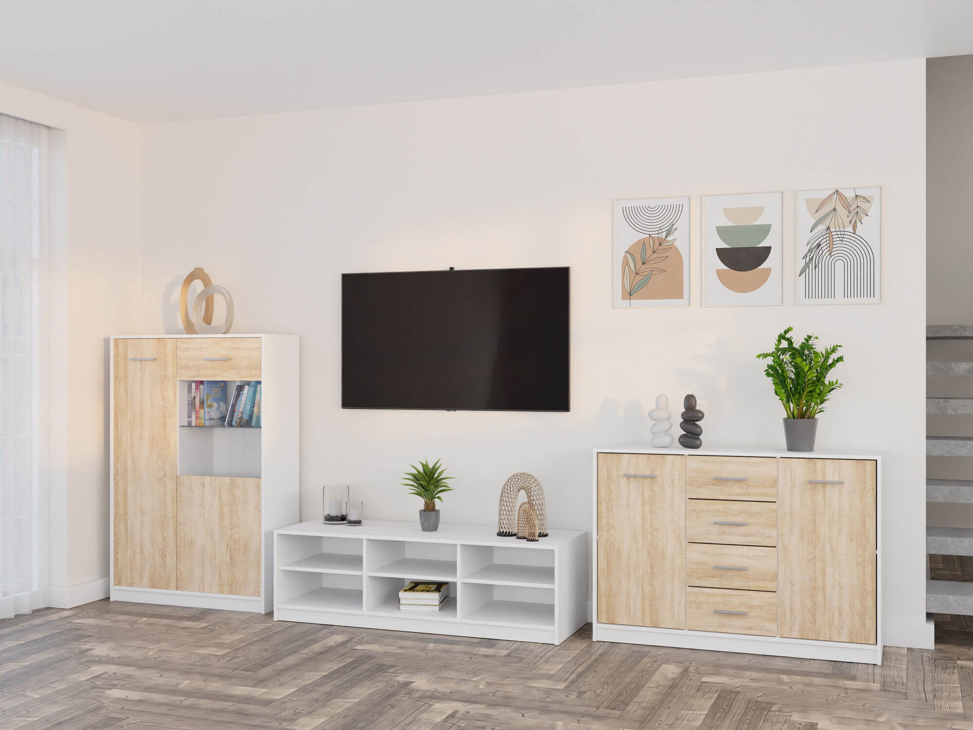 Woonkamerset Novsore 165 (Wit + Sonoma eik)