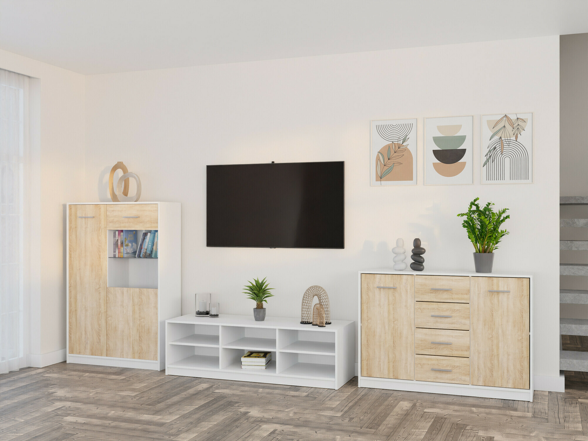 Woonkamerset Novsore 165 (Wit + Sonoma eik)