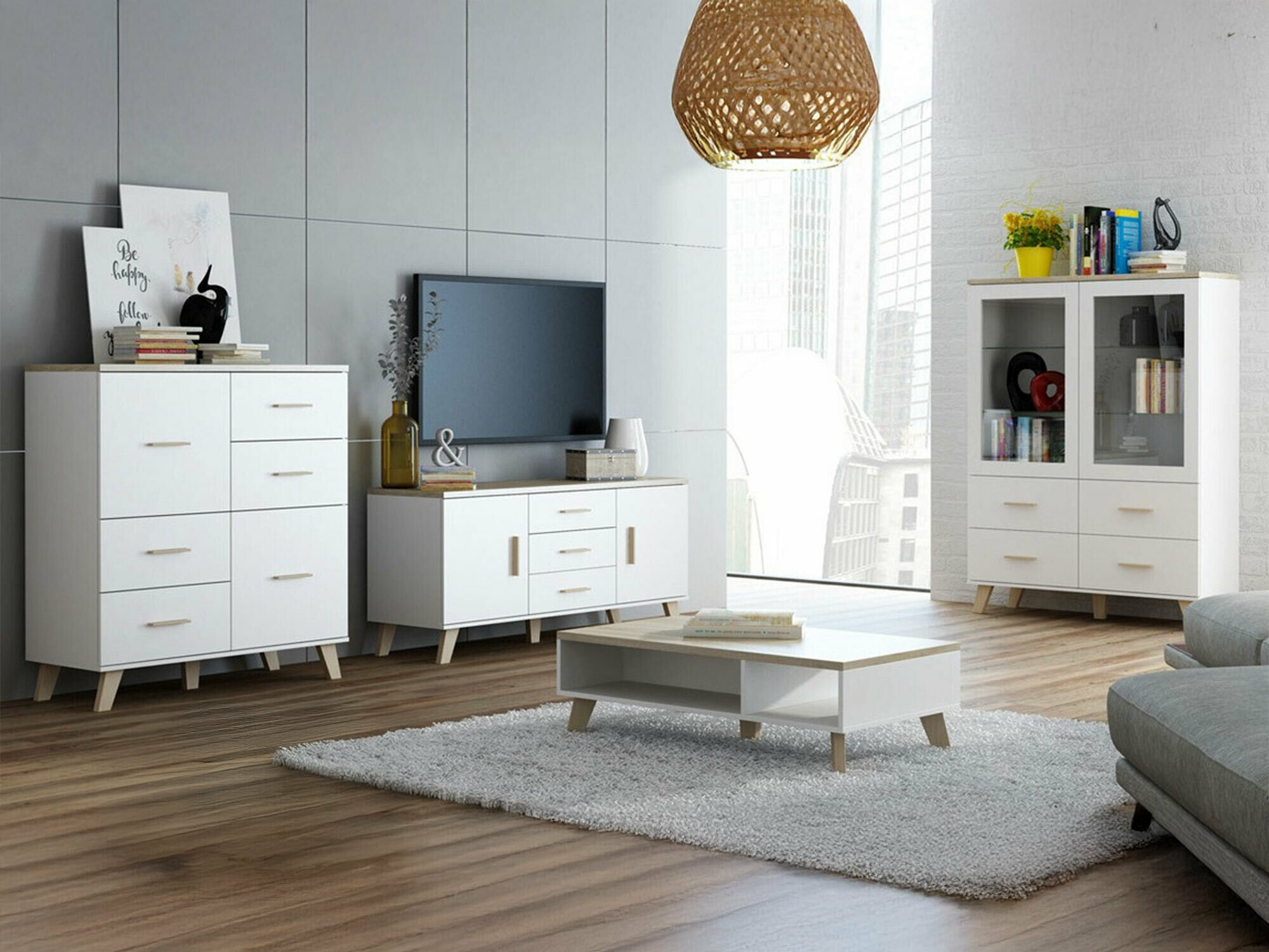 Woonkamerset Larfloi 112 (Wit + Sonoma eik)