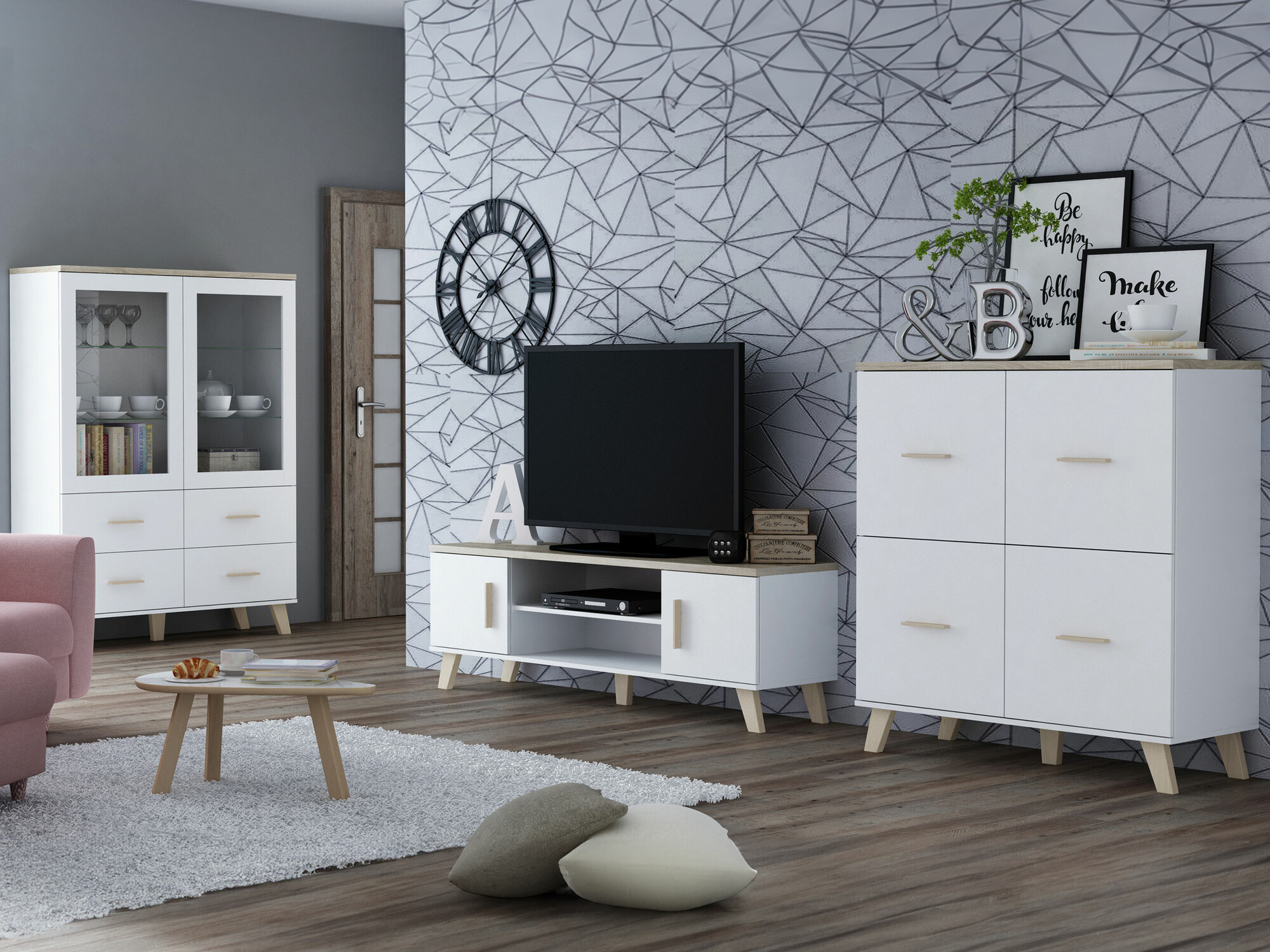 Woonkamerset Larfloi 113 (Wit + Sonoma eik)