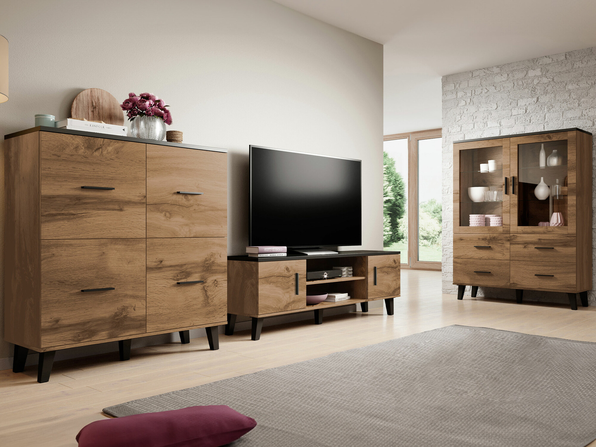 Woonkamerset Larfloi 113 (Wotan eik + Zwart)