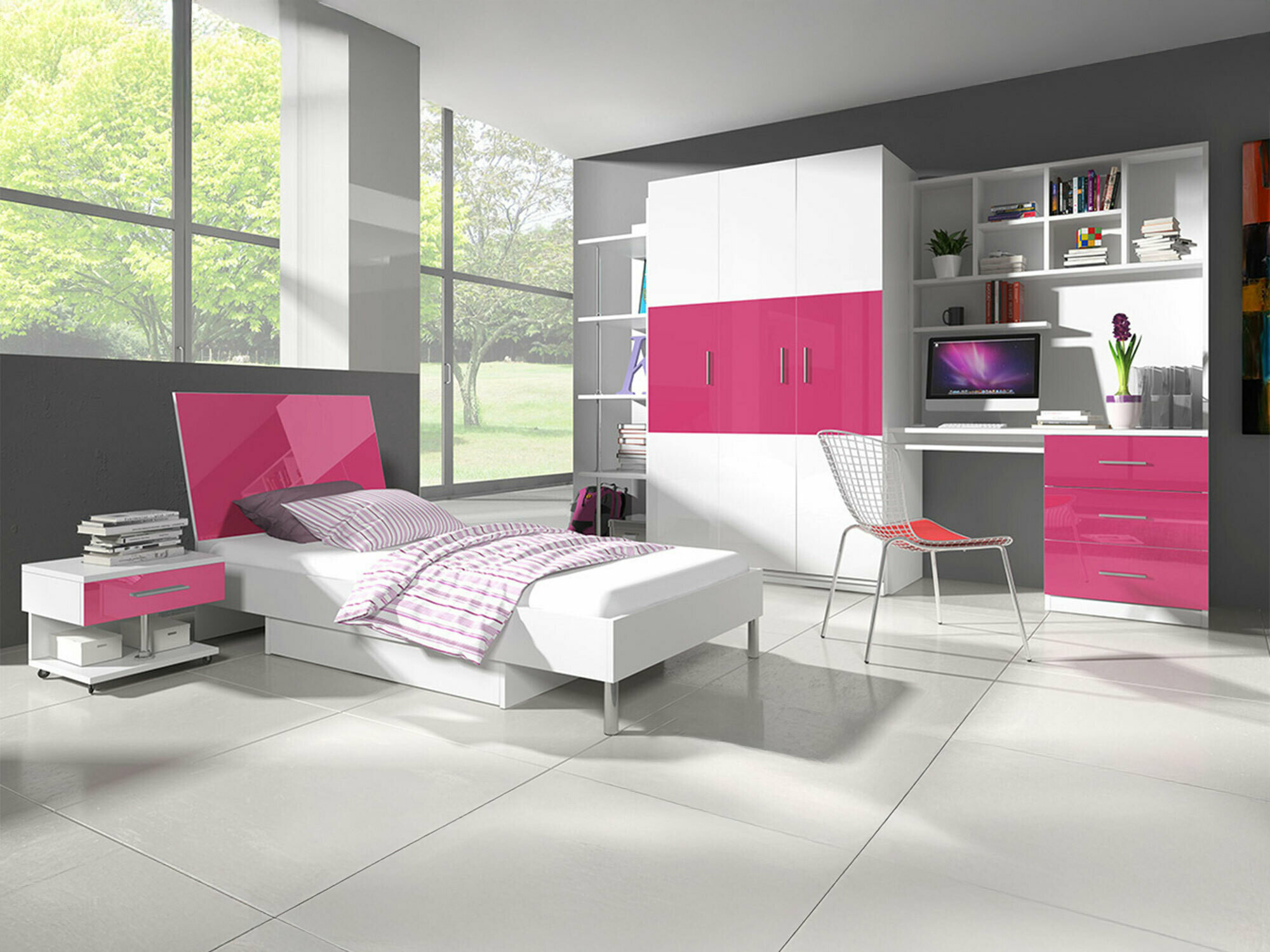 De reeks van de kinderkamer Campus (Glanzend wit + Glanzend roze)