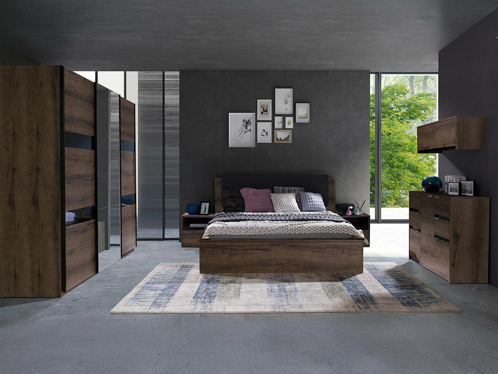 Slaapkamer set Fivelbo 120 (Klooster eik + Glanzend zwart)