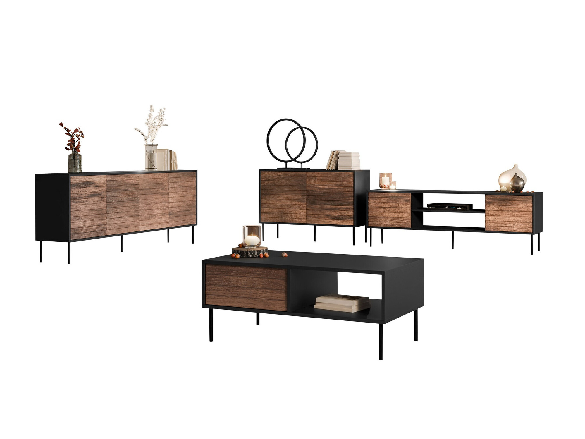 Woonkamerset Flosoru 110 (Notenhout + Zwart)
