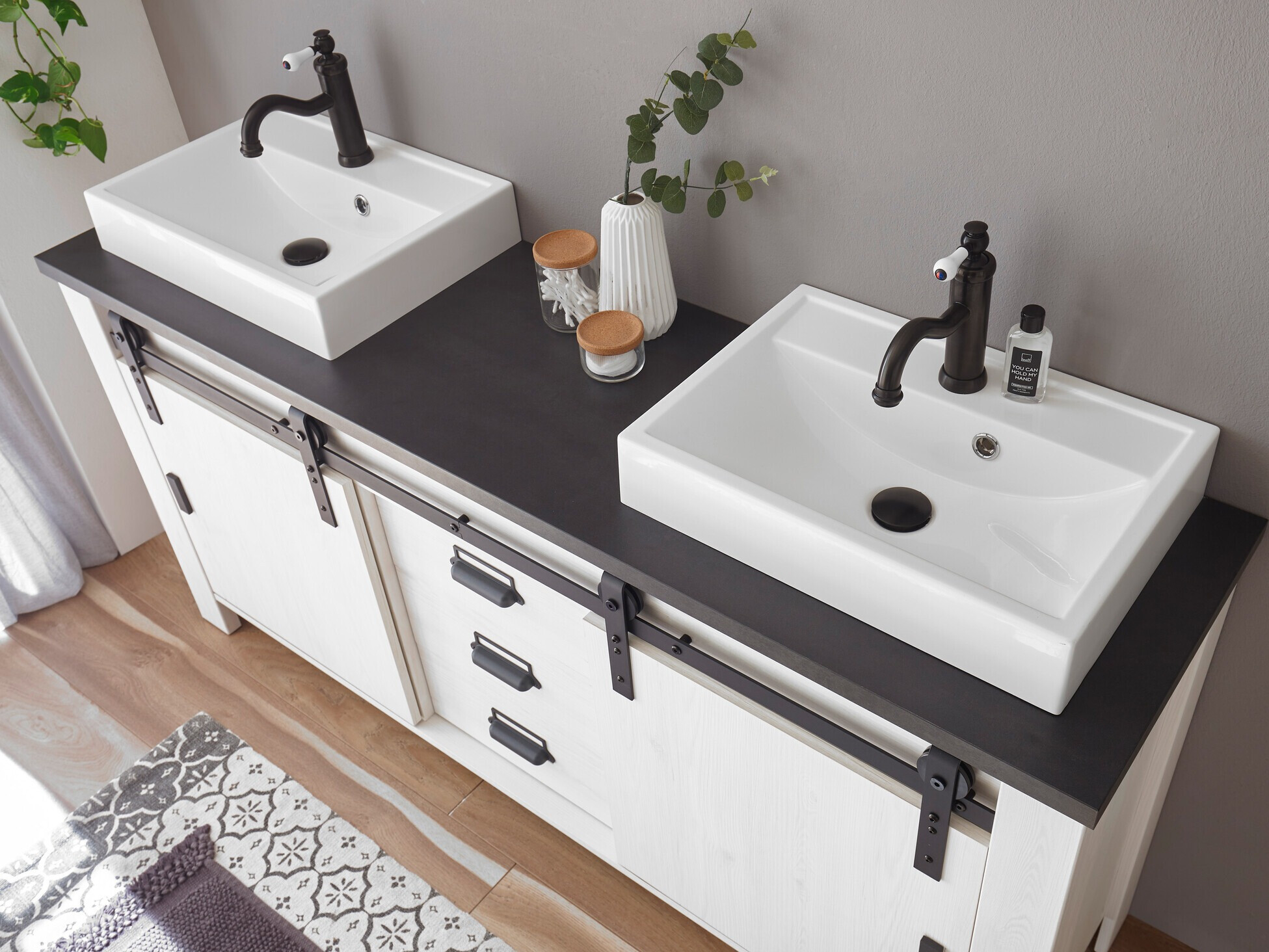 Staand badkamermeubel voor een wastafel Cirtale 134 (Gebleekt grenen + Antraciet)