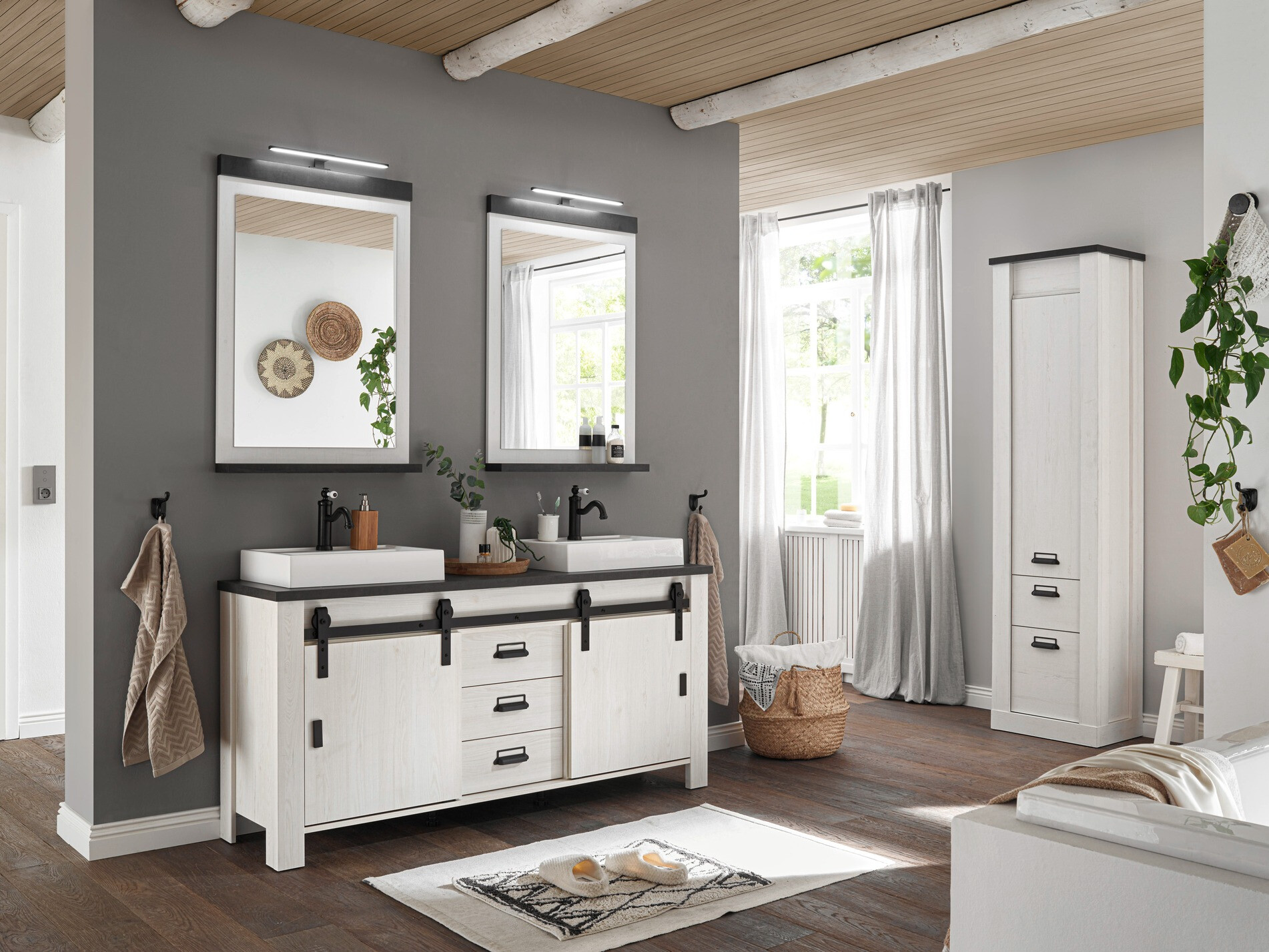 Staand badkamermeubel voor een wastafel Cirtale 134 (Gebleekt grenen + Antraciet)