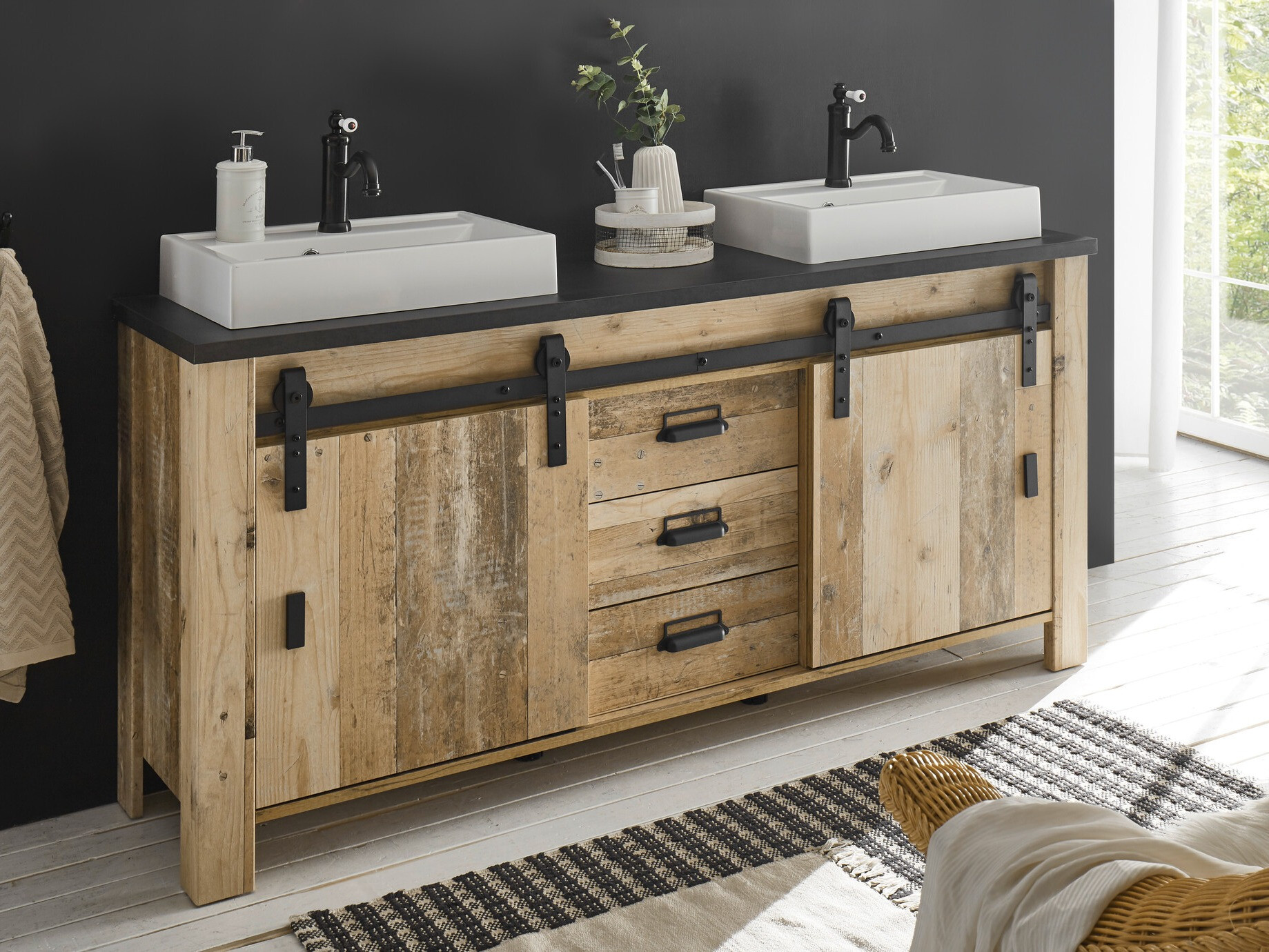 Staand badkamermeubel voor een wastafel Cirtale 134 (Verouderd hout + Antraciet)