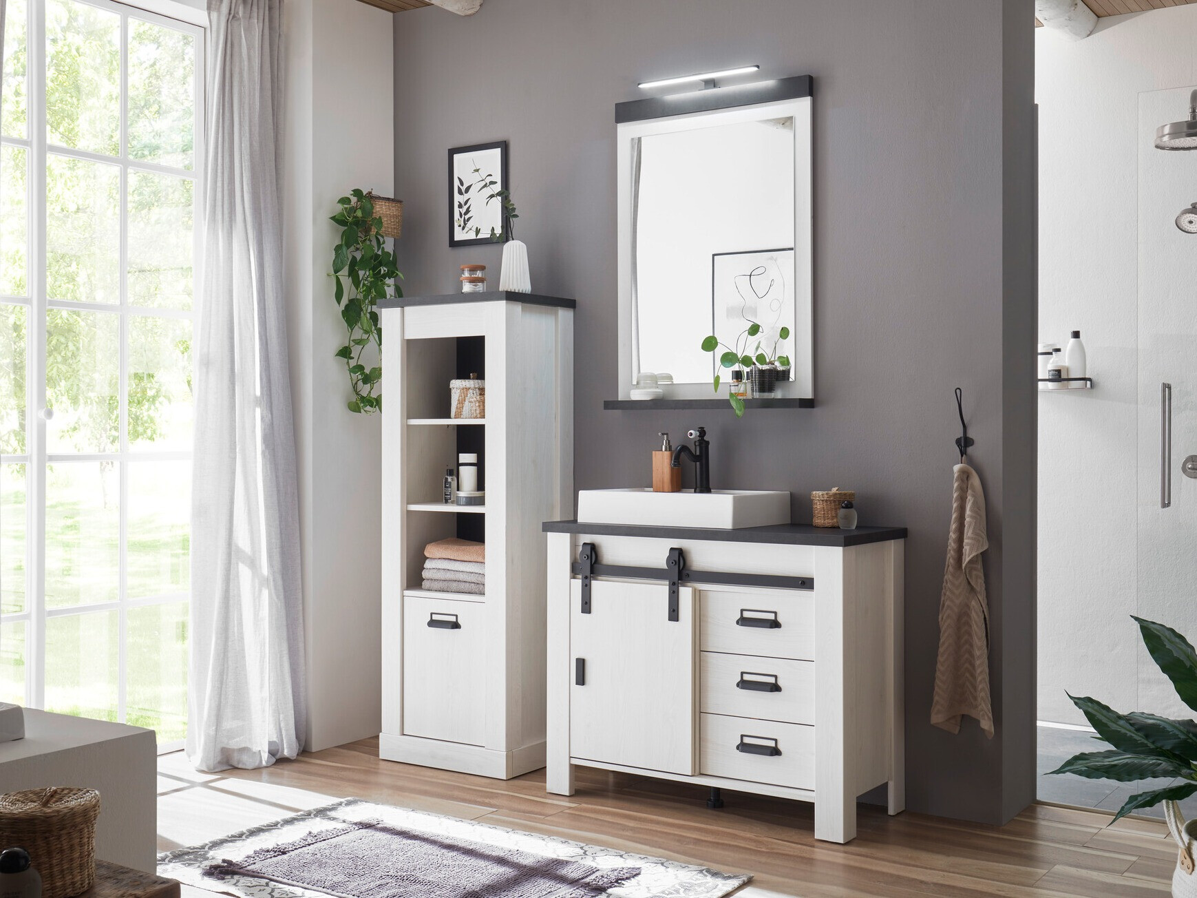 Badkamerset Cirtale 138 (Gebleekt grenen + Antraciet)