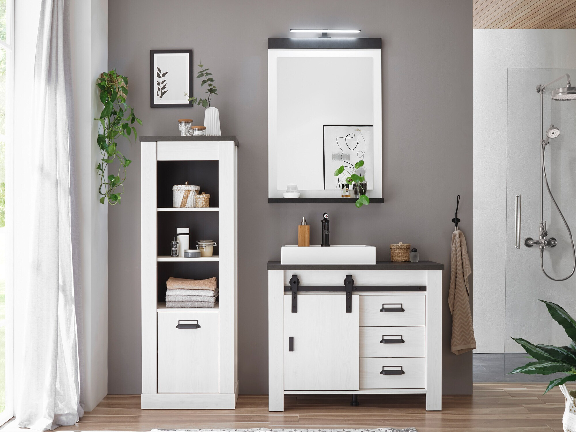 Badkamerset Cirtale 138 (Gebleekt grenen + Antraciet)