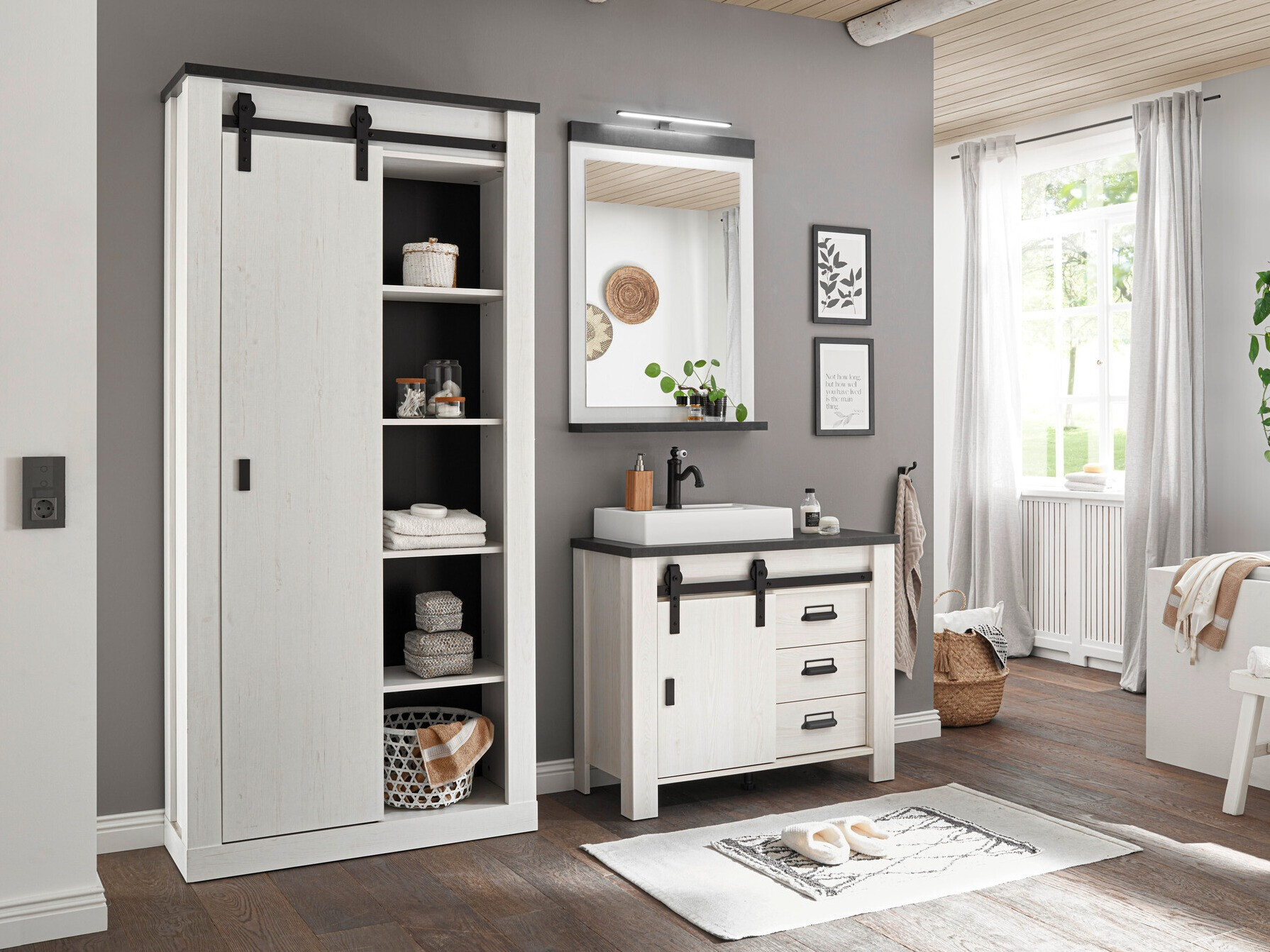 Badkamerset Cirtale 139 (Gebleekt grenen + Antraciet)