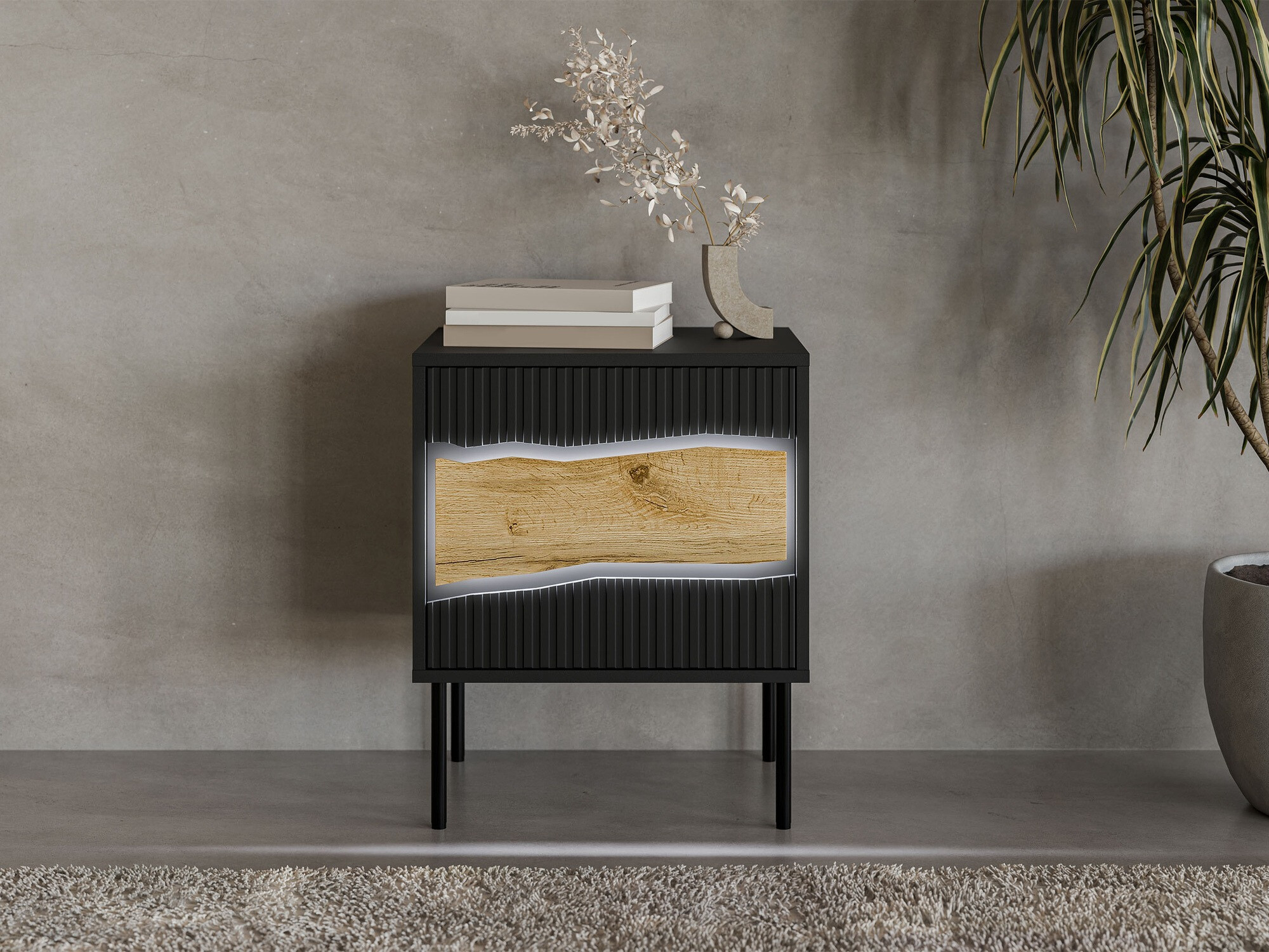 Een set nachtkastjes Monevare 104 (Zwart + Wotan eik)