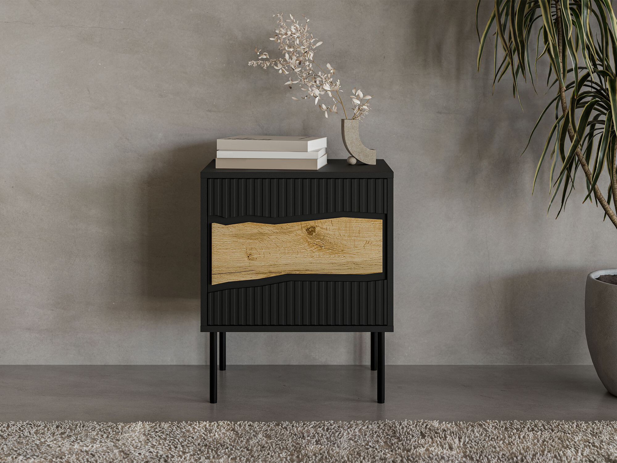 Een set nachtkastjes Monevare 104 (Zwart + Wotan eik)