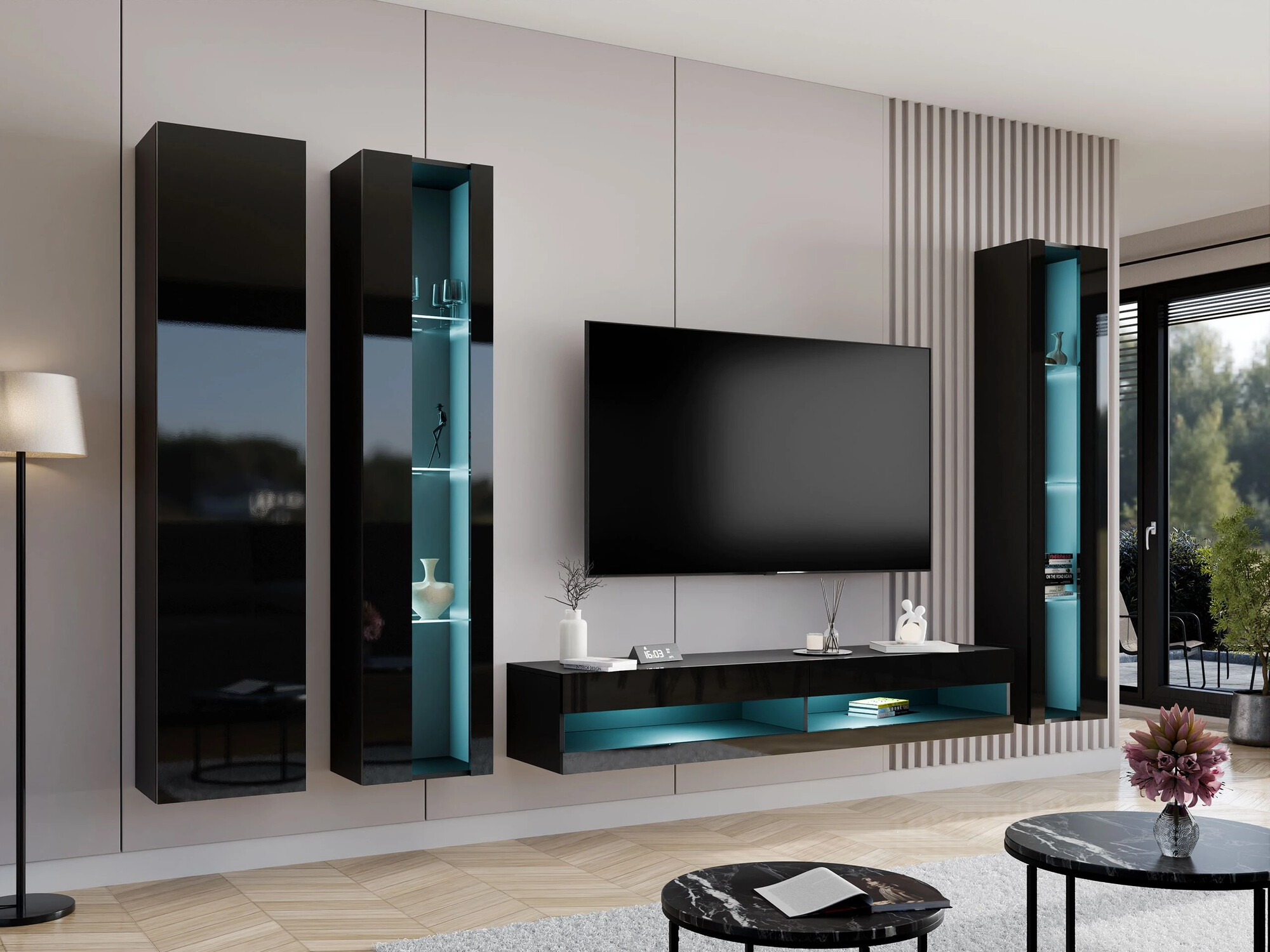 TV-meubel Venenou 120 (Zwart + Glanzend zwart)