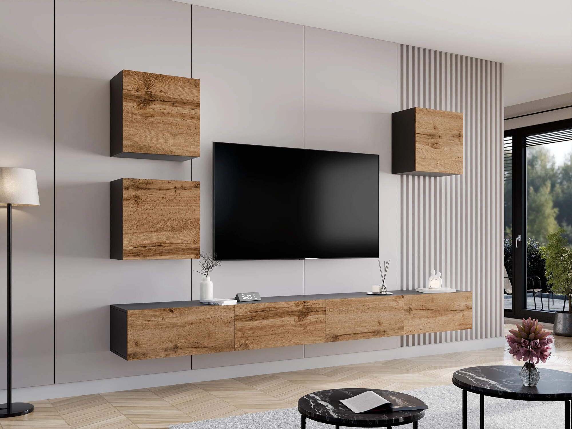 Woonkamerset Venenou 108 (Zwart + Wotan eik)