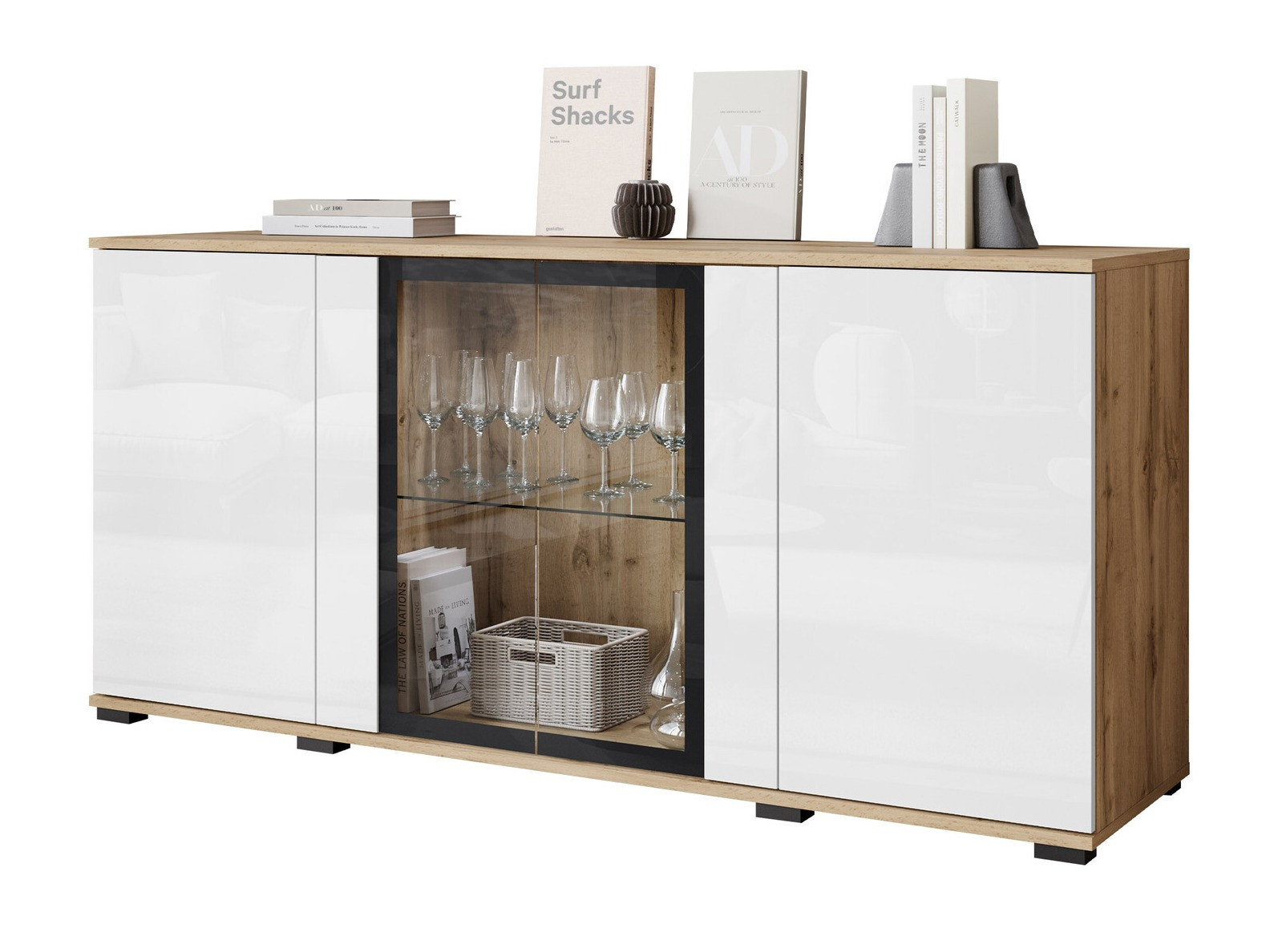 Dressoir Torcame 102 (Wotan eik + Glanzend wit)