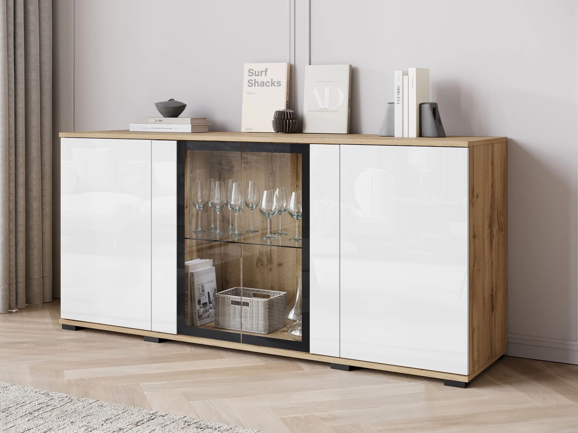 Dressoir Torcame 102 (Wotan eik + Glanzend wit)