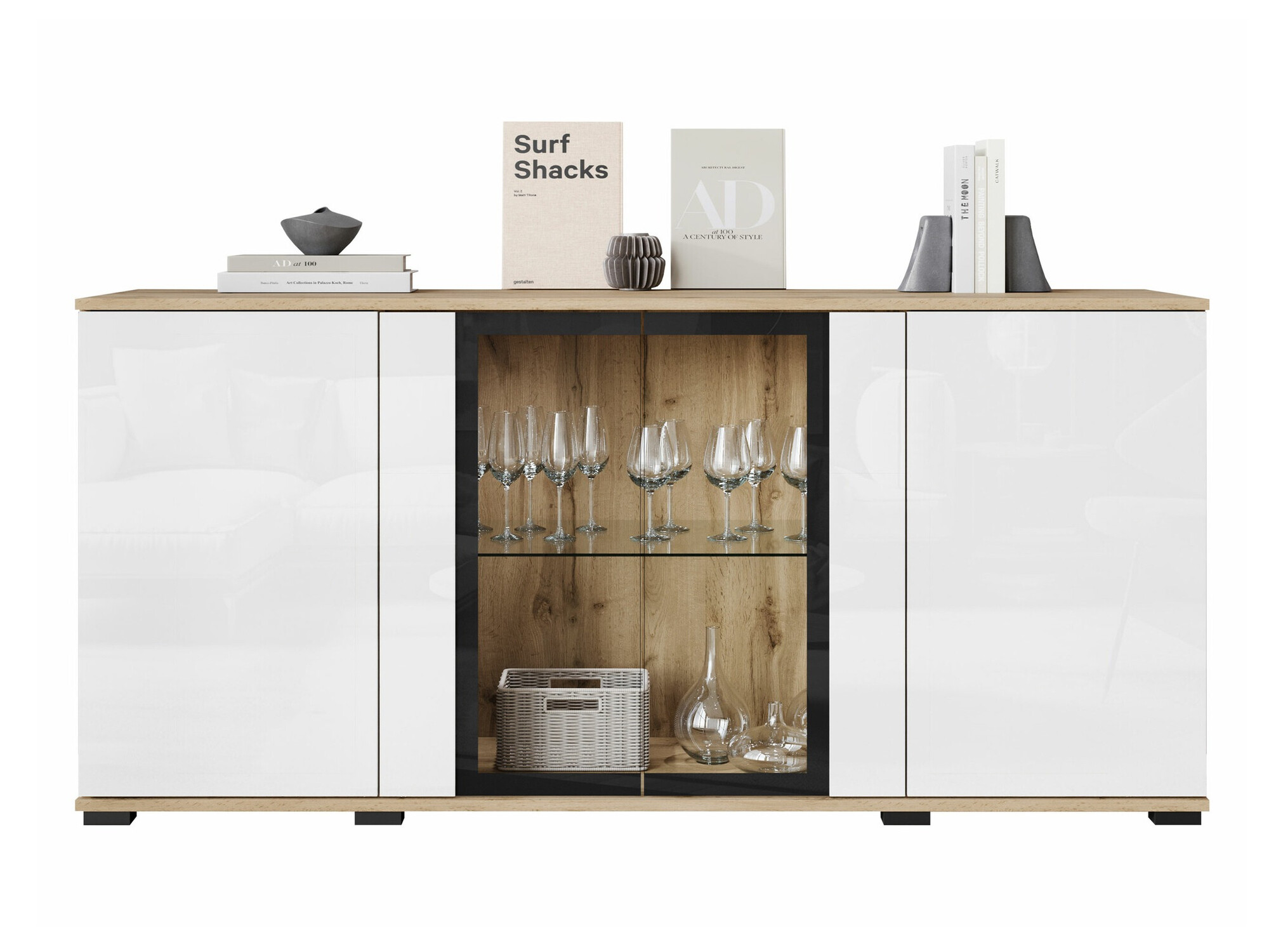 Dressoir Torcame 102 (Wotan eik + Glanzend wit)