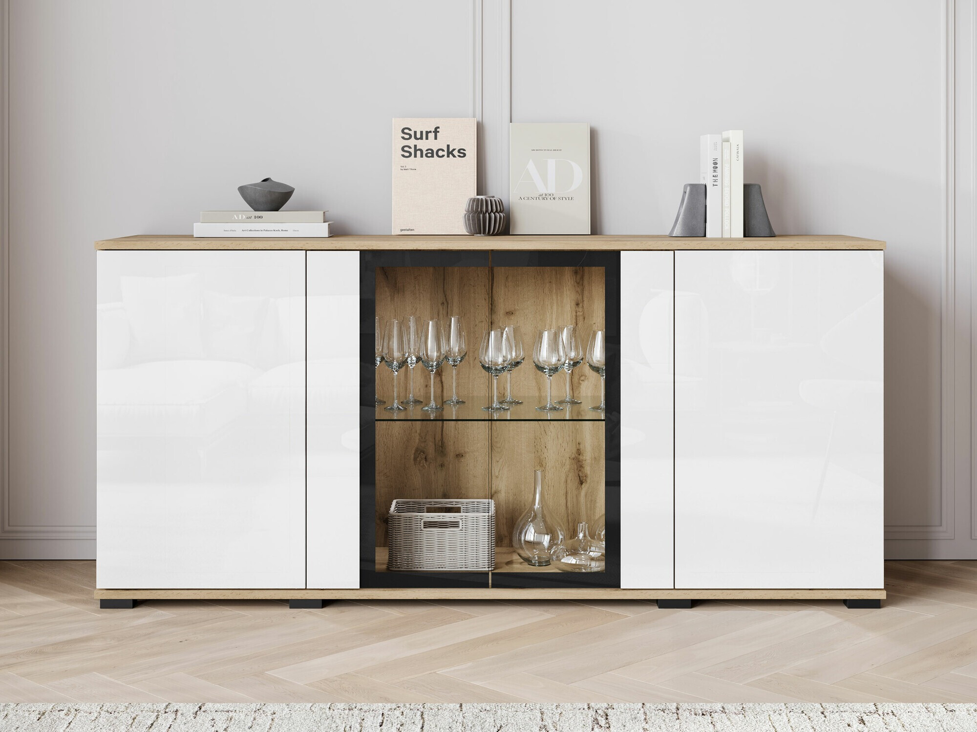 Dressoir Torcame 102 (Wotan eik + Glanzend wit)