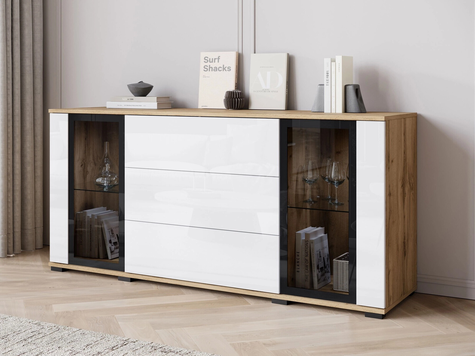 Ladekast Torcame 101 (Wotan eik + Glanzend wit)