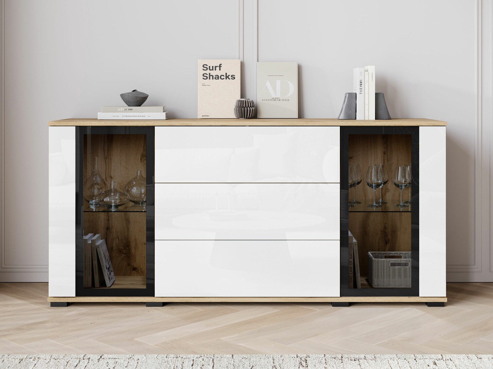 Ladekast Torcame 101 (Wotan eik + Glanzend wit)