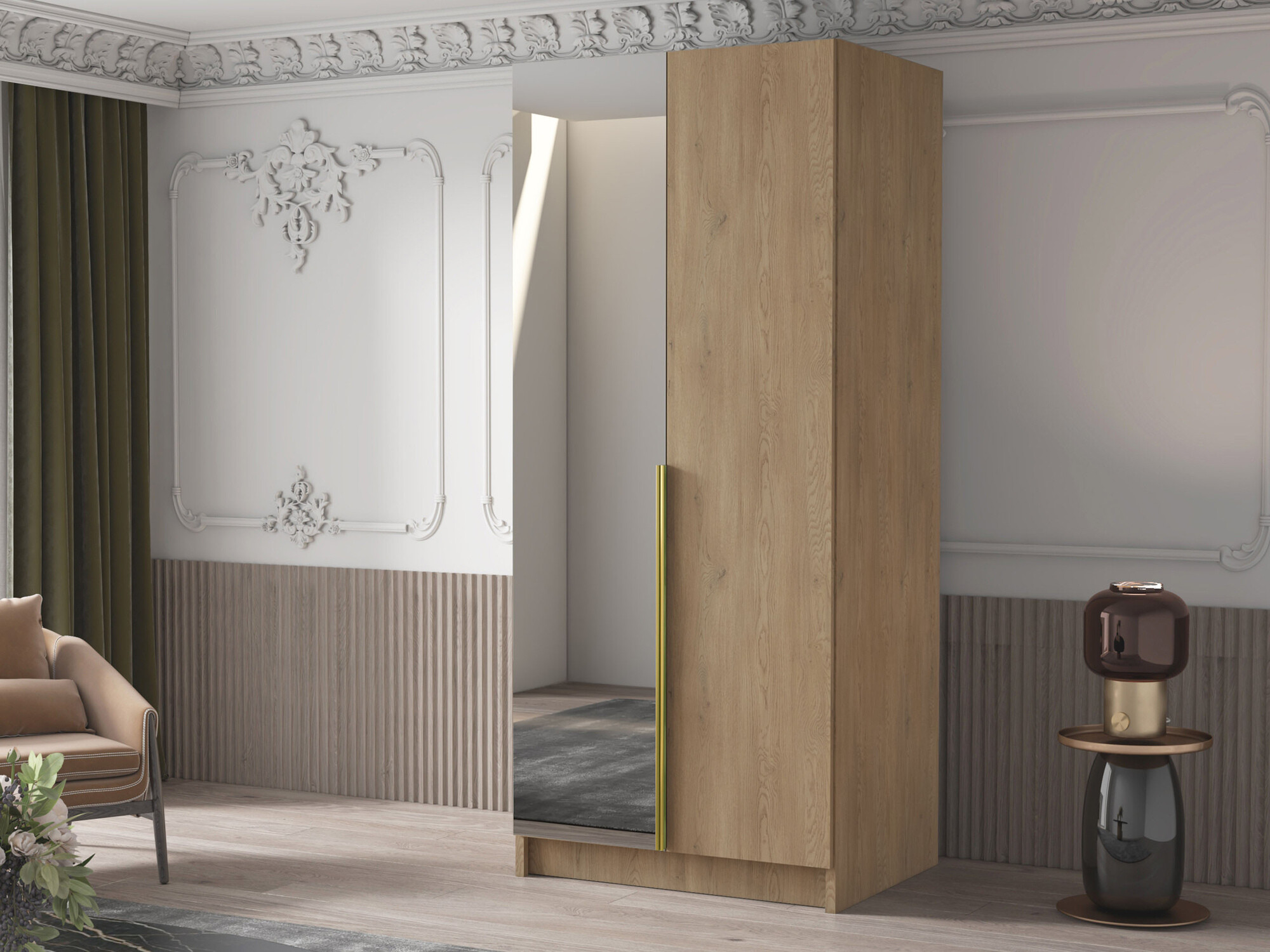 Kledingkast Closico 194 (Licht hout + Gouden)