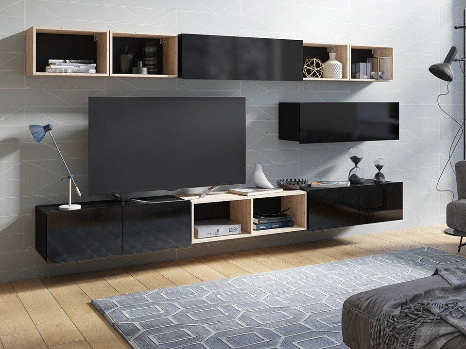 Woonkamerset Tivdalu 146 (Zwart + Glanzend zwart + Artisan eiken)