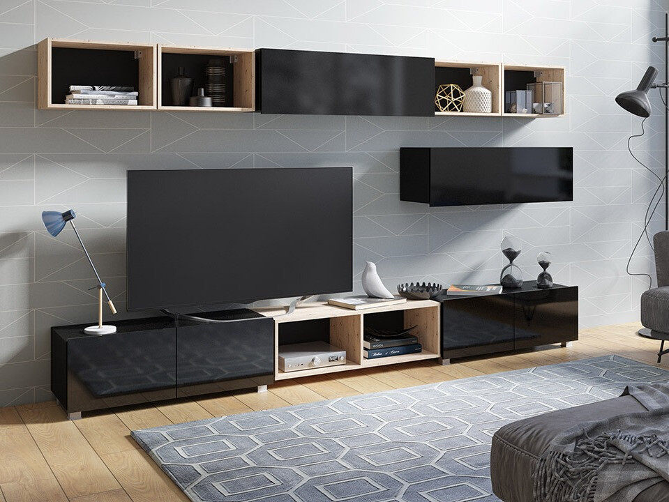 Woonkamerset Tivdalu 146 (Zwart + Glanzend zwart + Artisan eiken)