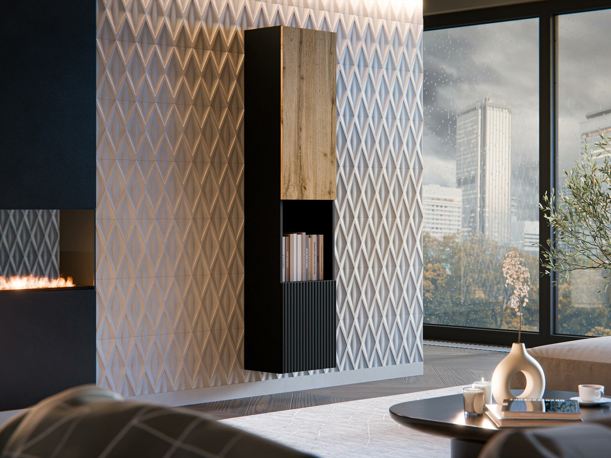 Wandplank Calveru 102 (Zwart + Wotan eik)