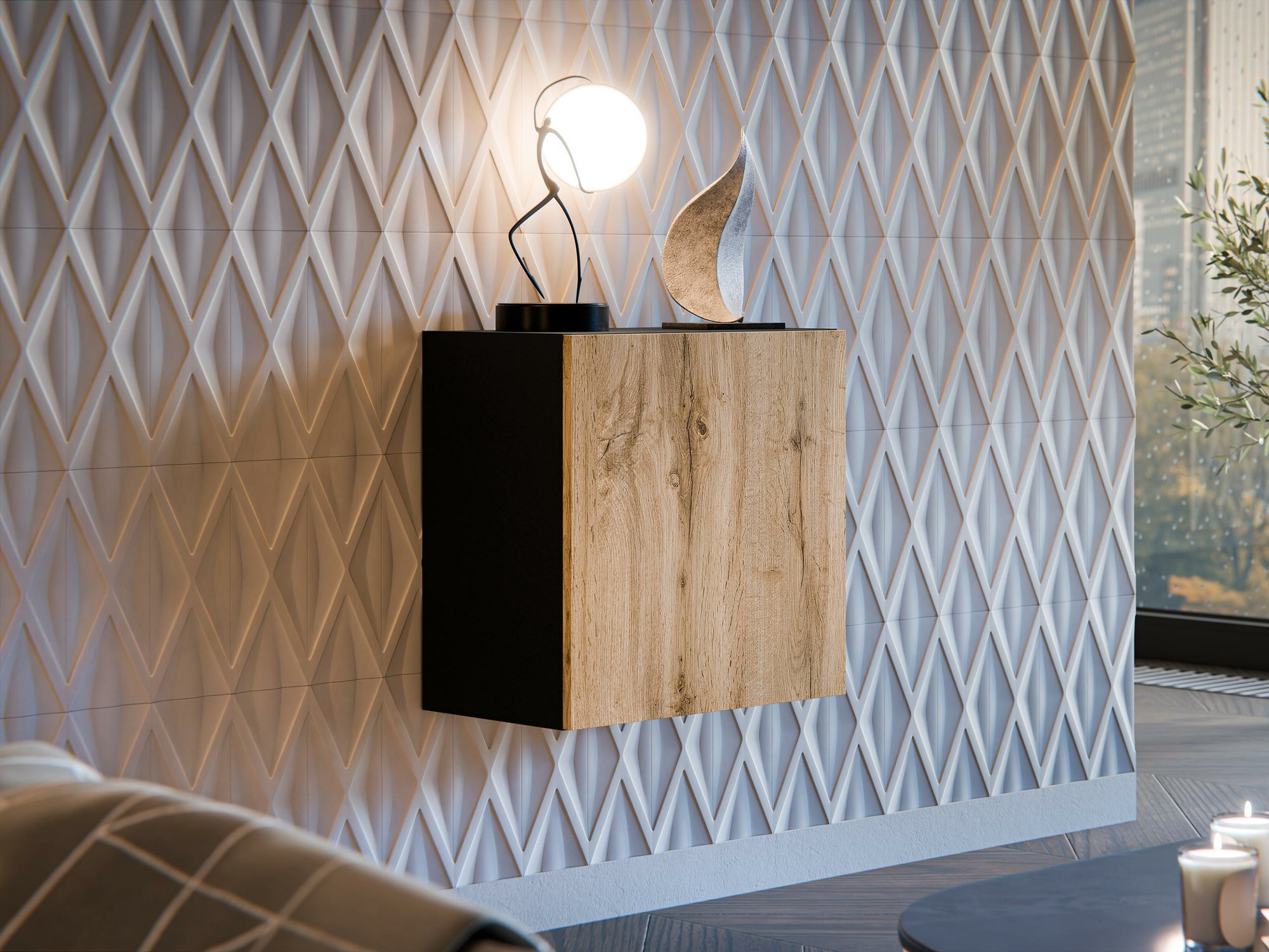 Wandkast Calveru 103 (Zwart + Wotan eik)