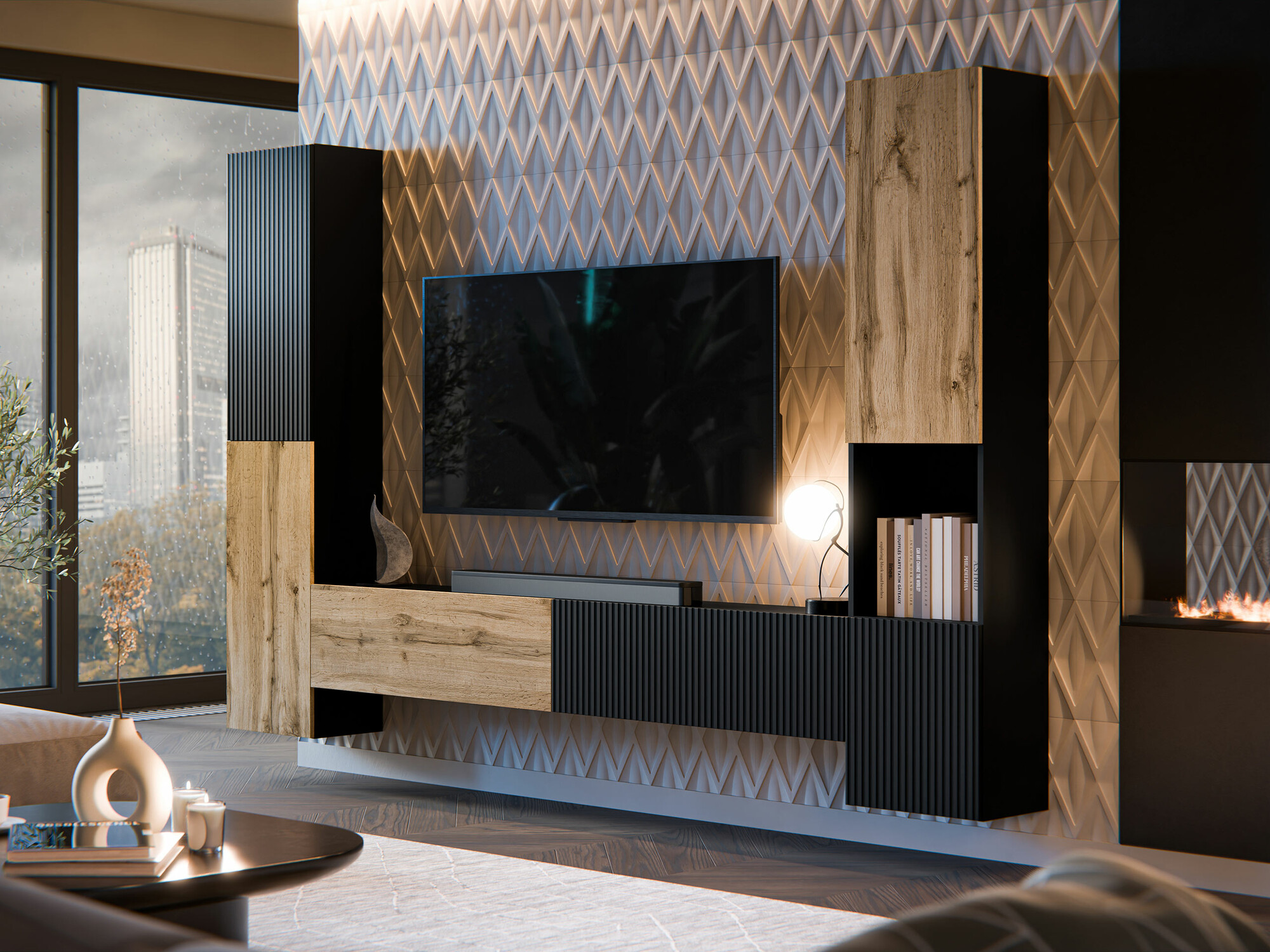 Woonkamerset Calveru 105 (Zwart + Wotan eik)