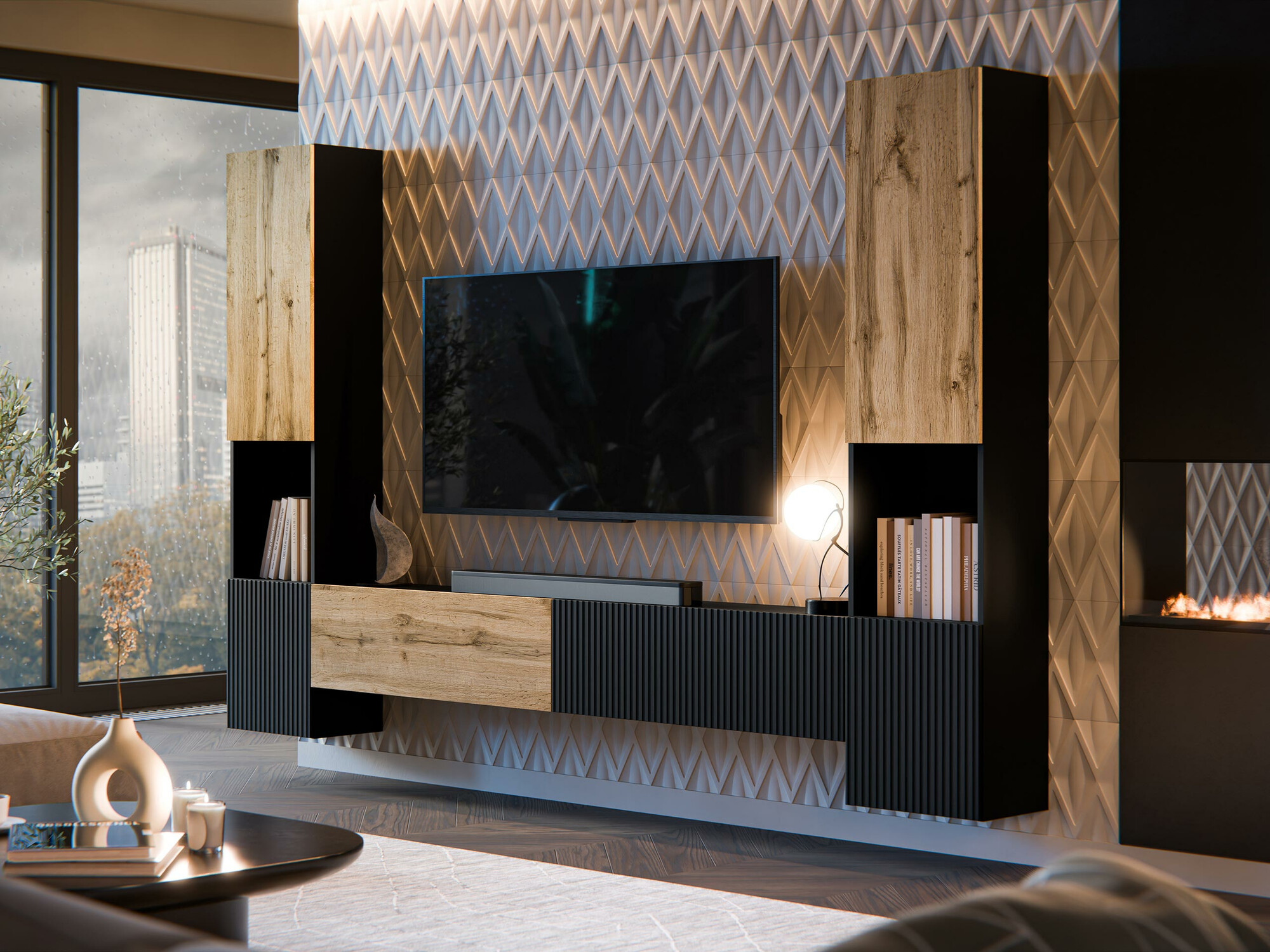 Woonkamerset Calveru 107 (Zwart + Wotan eik)