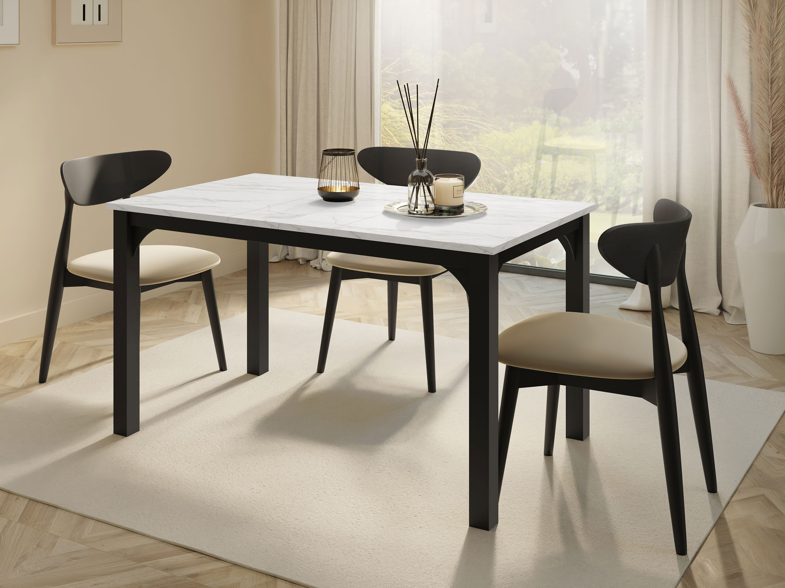 Tafel Oswego 136 (Wit marmer + Zwart)