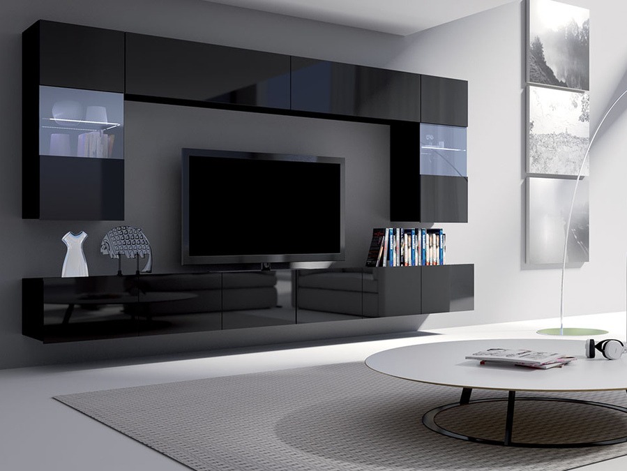 Wandkast Tivdalu 101 (Zwart + Glanzend zwart)