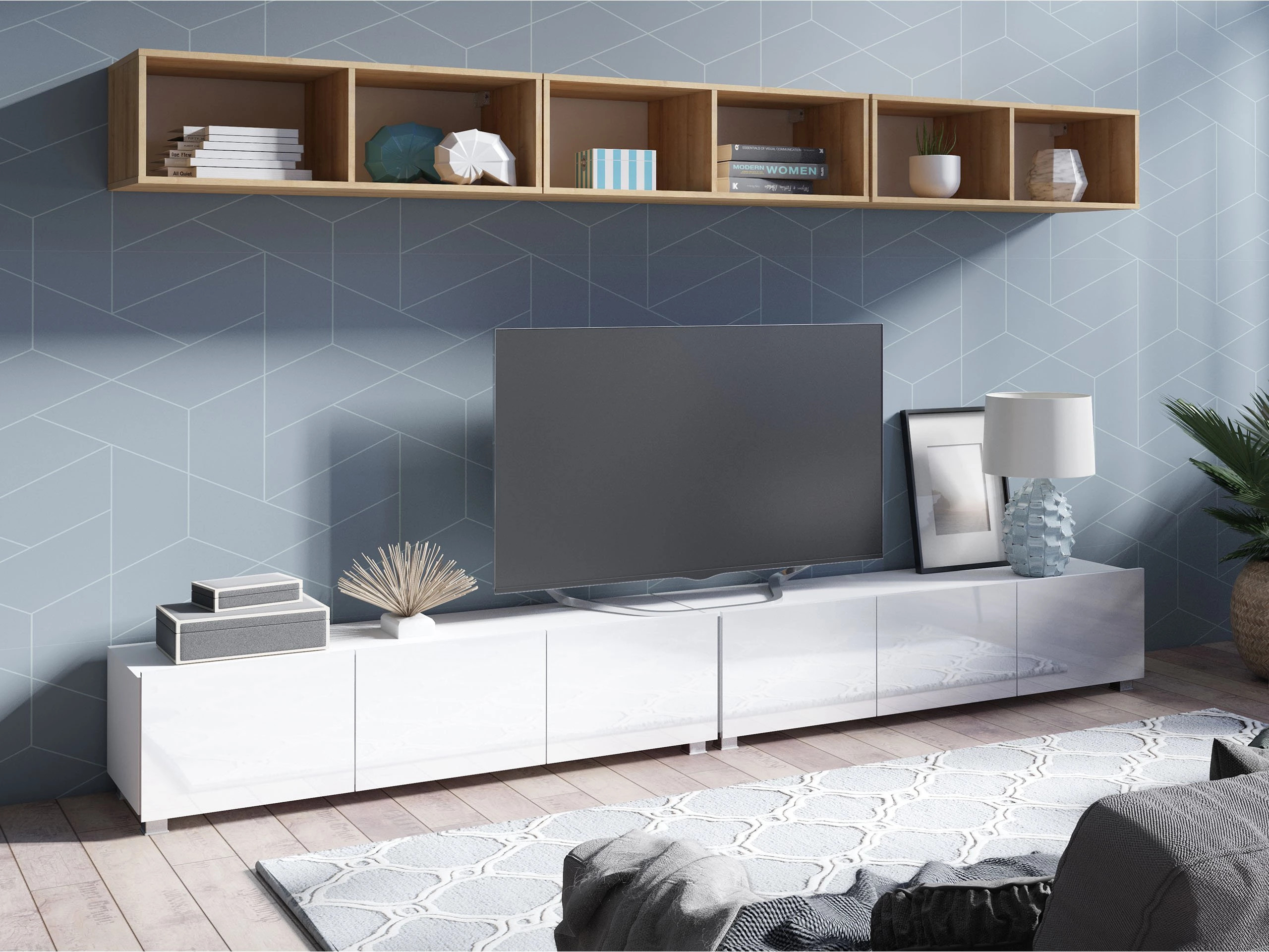 Woonkamerset Tivdalu 153 (Wit + Glanzend wit + Gouden eik)