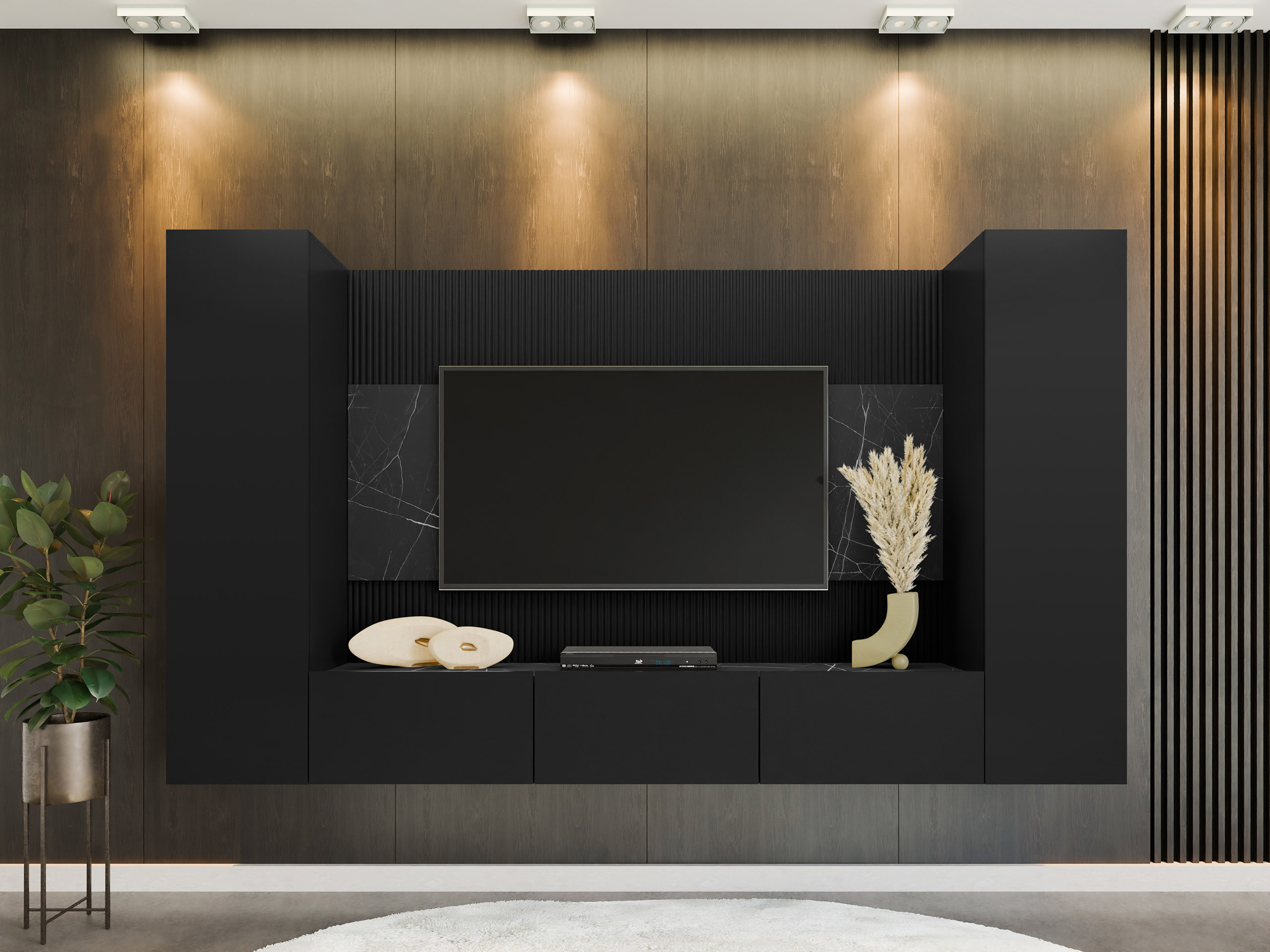 Woonkamerset Comfivo 451 (Zwart + Zwart marmer)