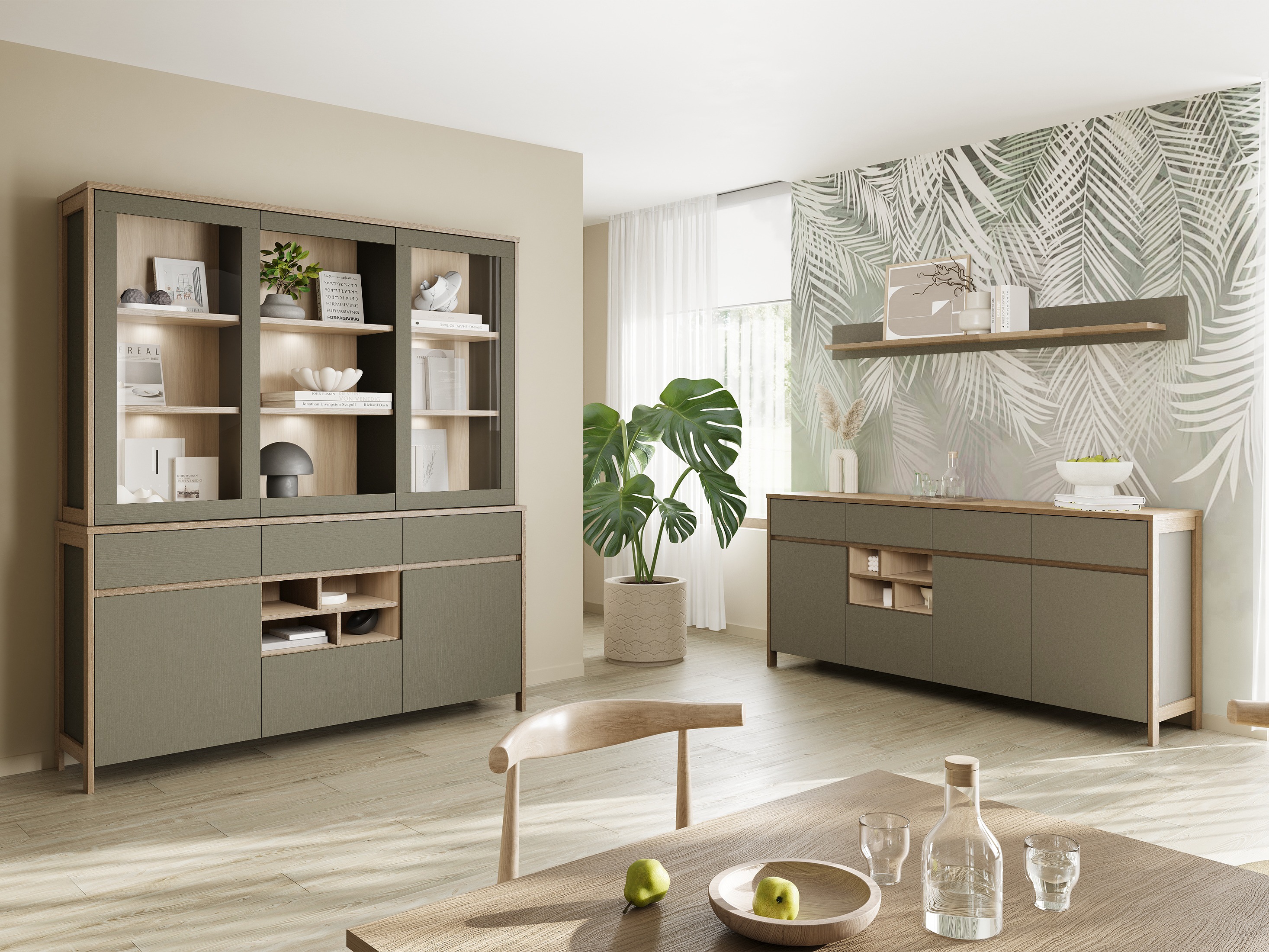 Boekenkast Fermaru 100 (Stoffig groen + Eiken)