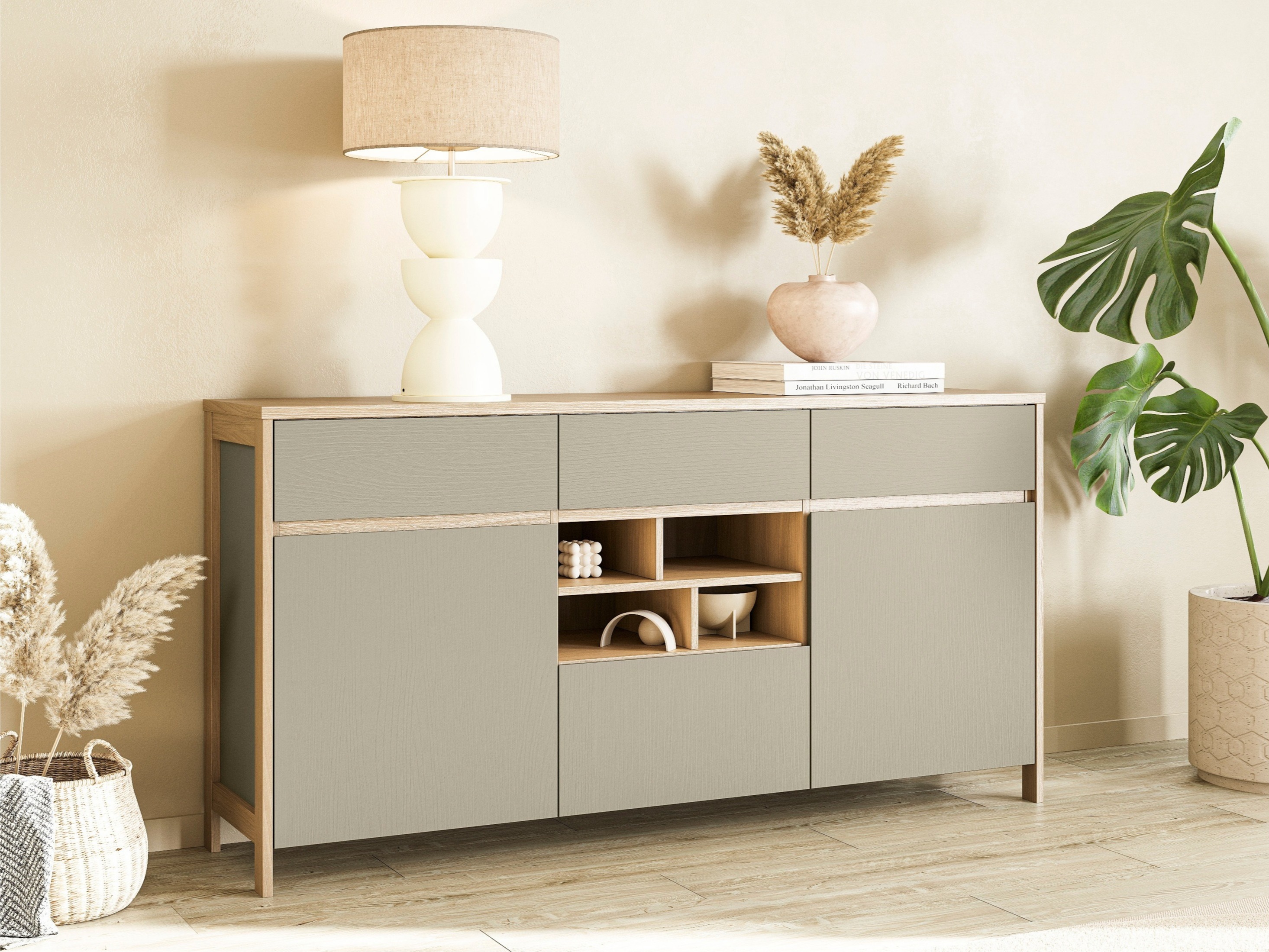 Ladekast Fermaru 104 (Stoffig groen + Eiken)