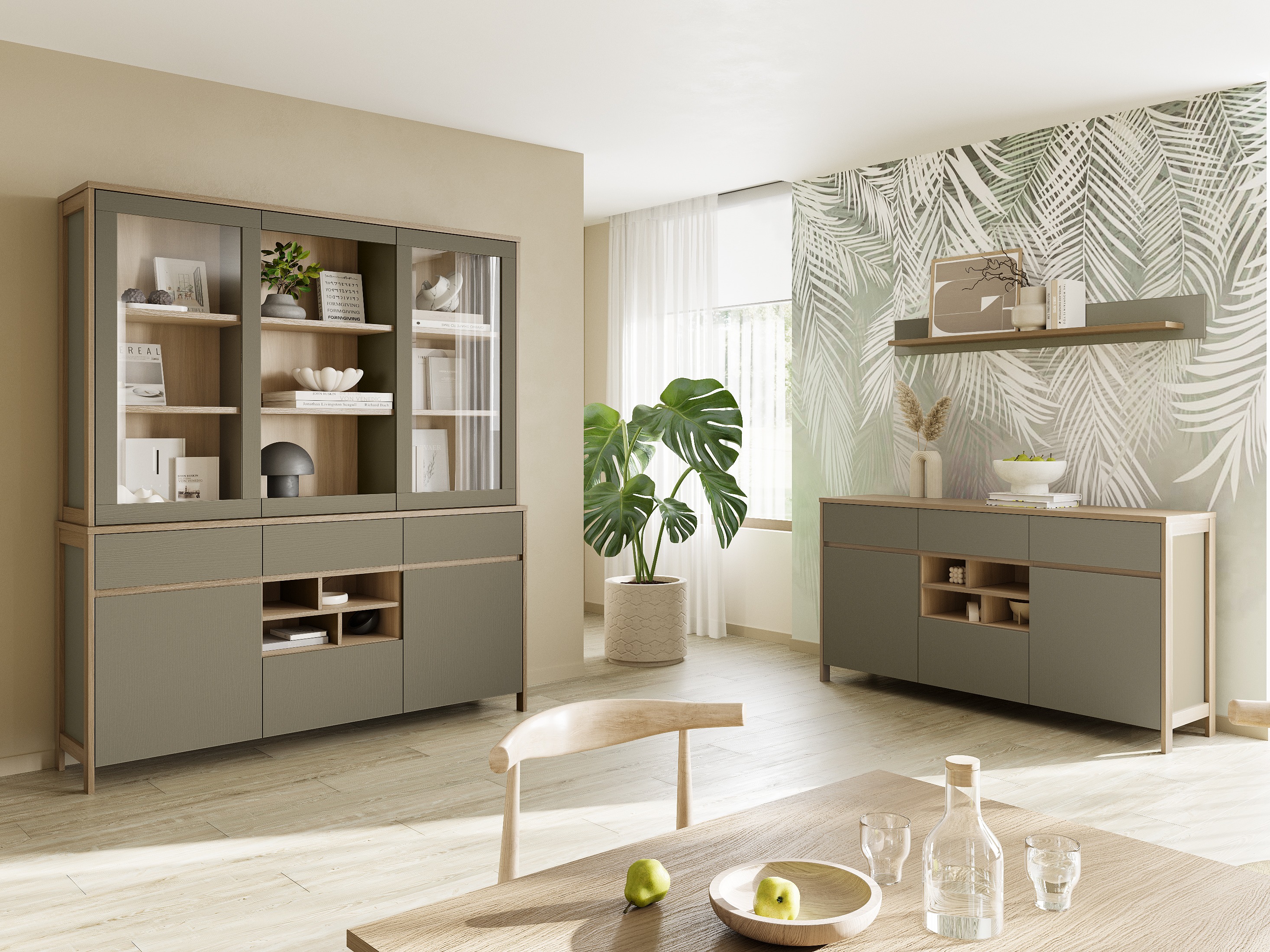 Wandplank Fermaru 108 (Stoffig groen + Eiken)