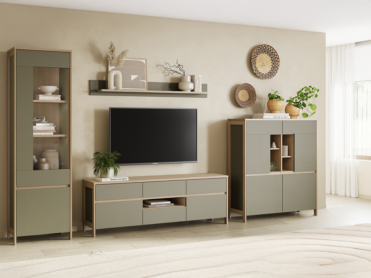 Woonkamerset Fermaru 110 (Stoffig groen + Eiken)