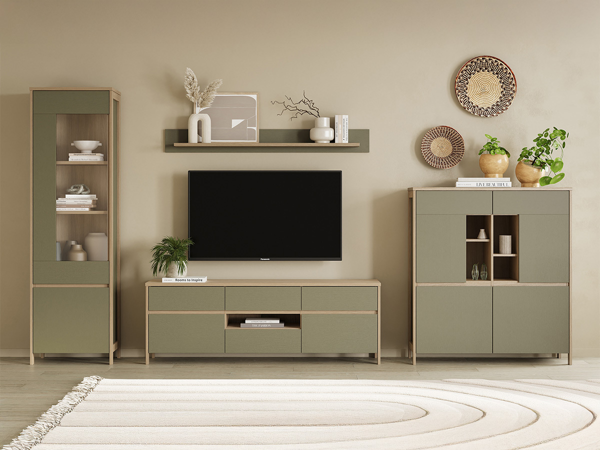 Woonkamerset Fermaru 110 (Stoffig groen + Eiken)