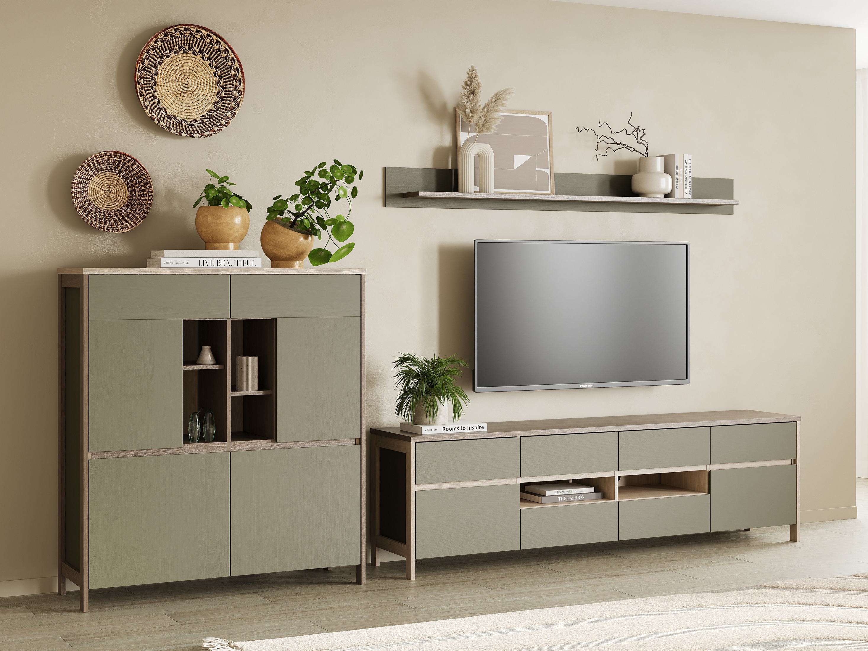 Woonkamerset Fermaru 112 (Stoffig groen + Eiken)