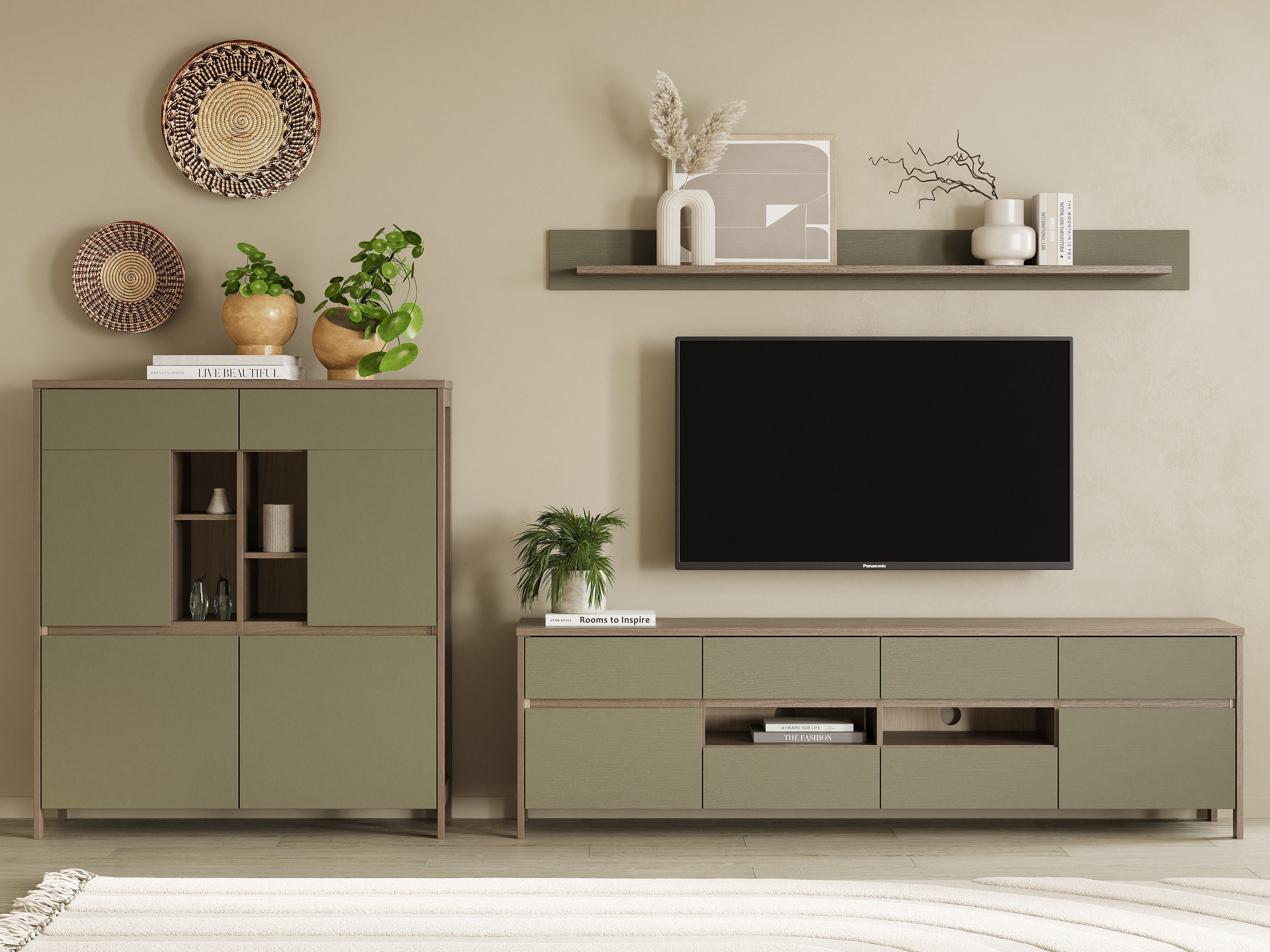 Woonkamerset Fermaru 112 (Stoffig groen + Eiken)