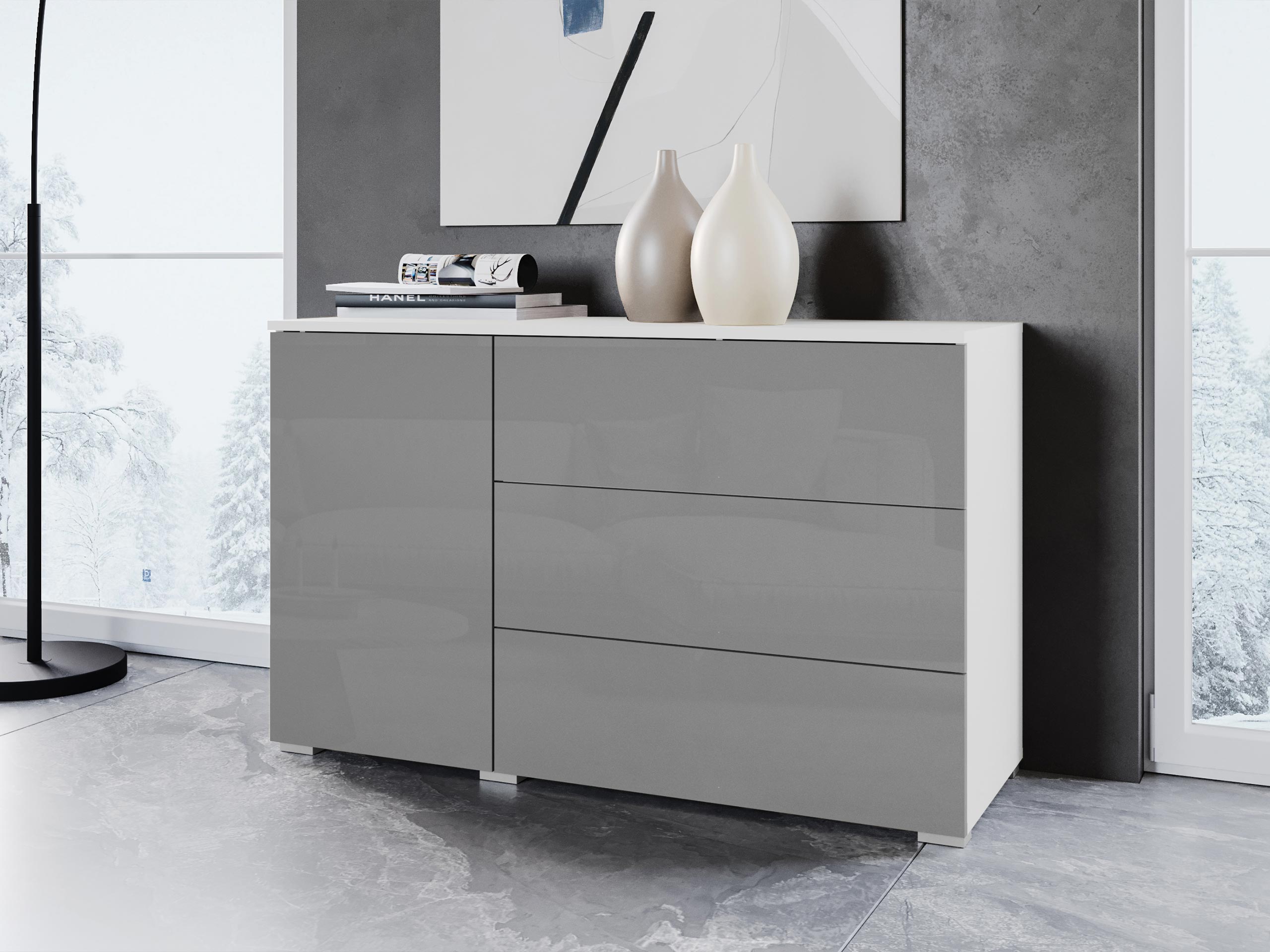 Ladekast Sarasota 128 (Wit + Glanzend grijs)