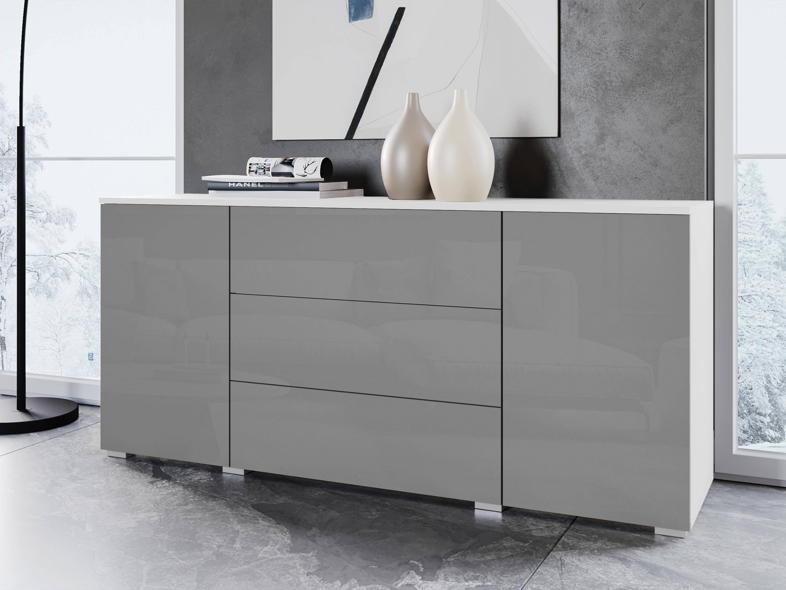 Ladekast Sarasota 129 (Wit + Glanzend grijs)