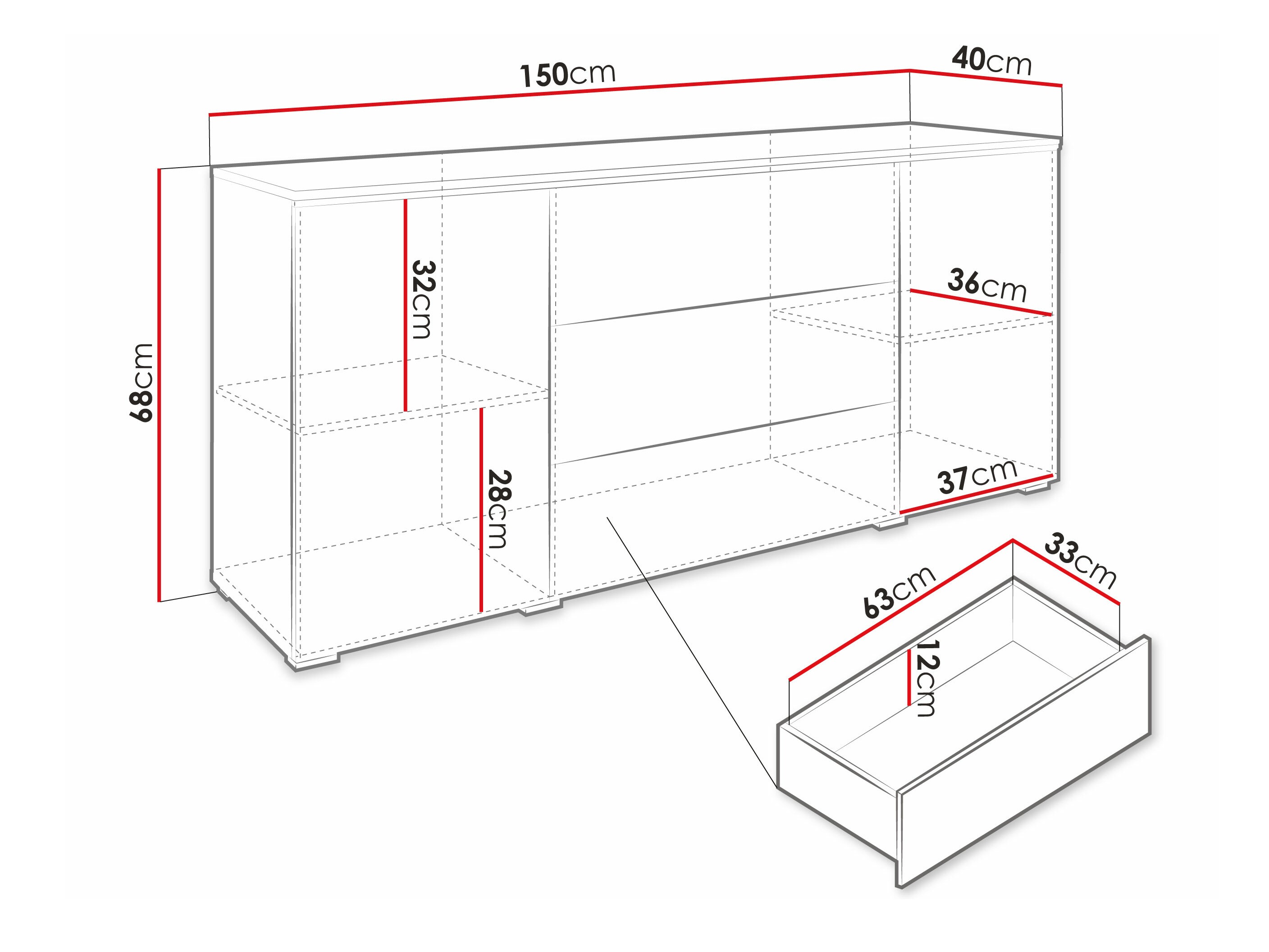 Ladekast Sarasota 142 (Matera grijs + Glanzend wit)