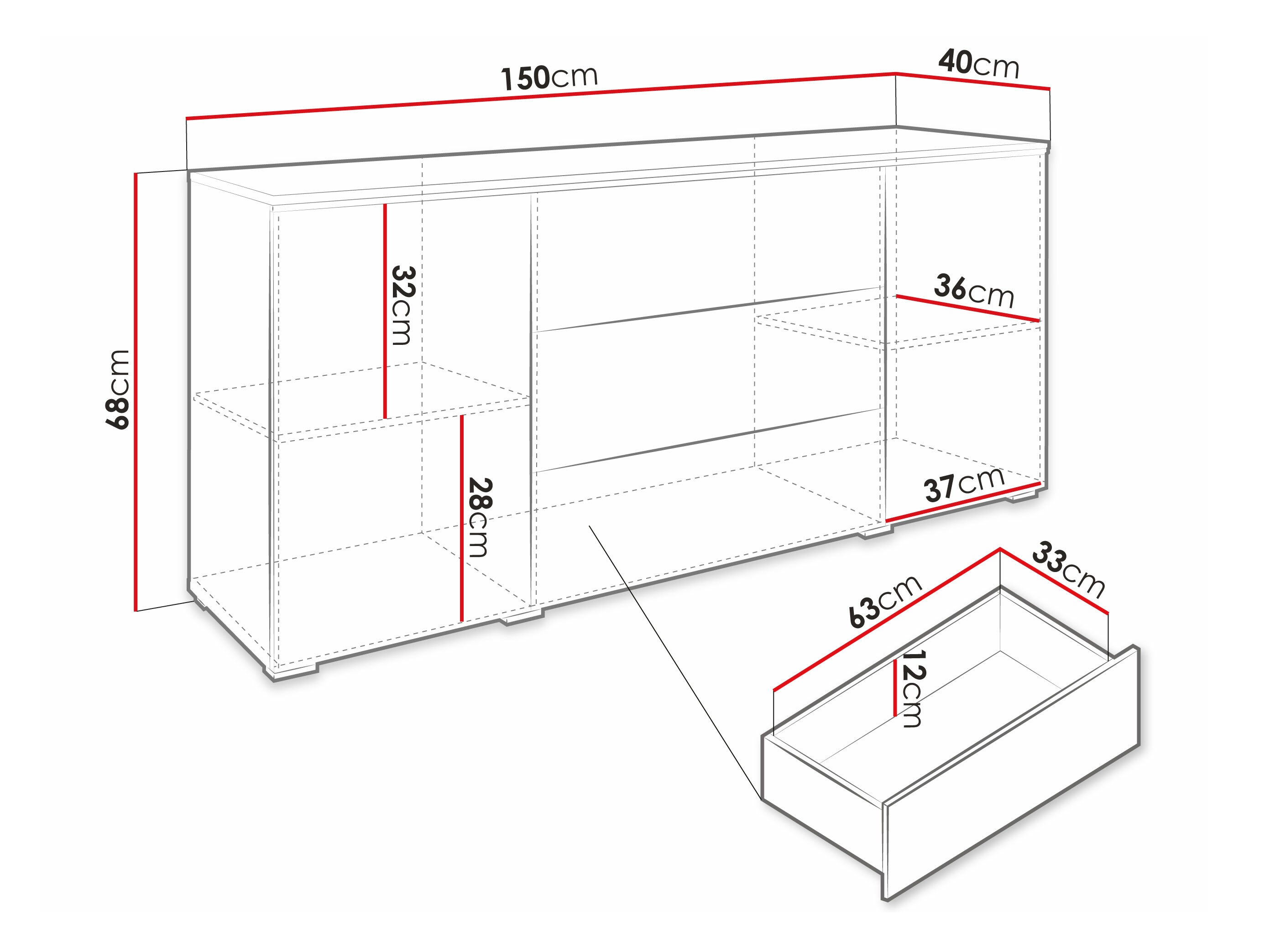 Ladekast Sarasota 142 (Wotan eik + Glanzend zwart)