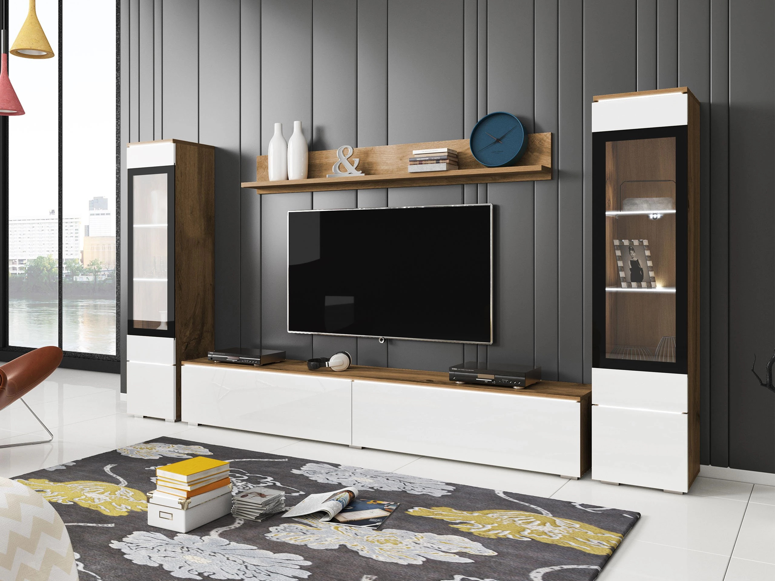 Woonkamerset Sarasota 126 (Wotan eik + Glanzend wit)